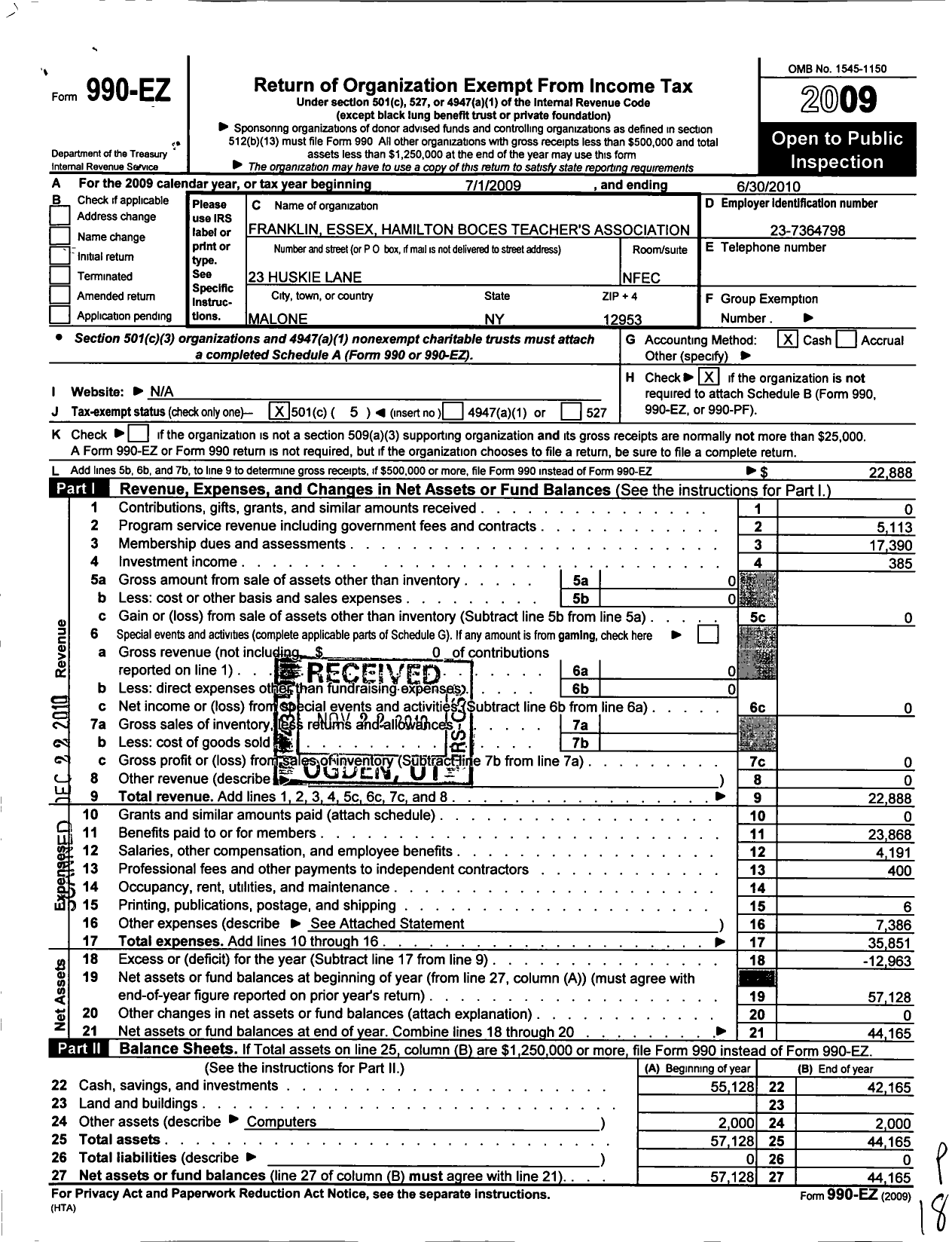 Image of first page of 2009 Form 990EO for American Federation of Teachers - 3228 Aft Franklin Es Ham Boces