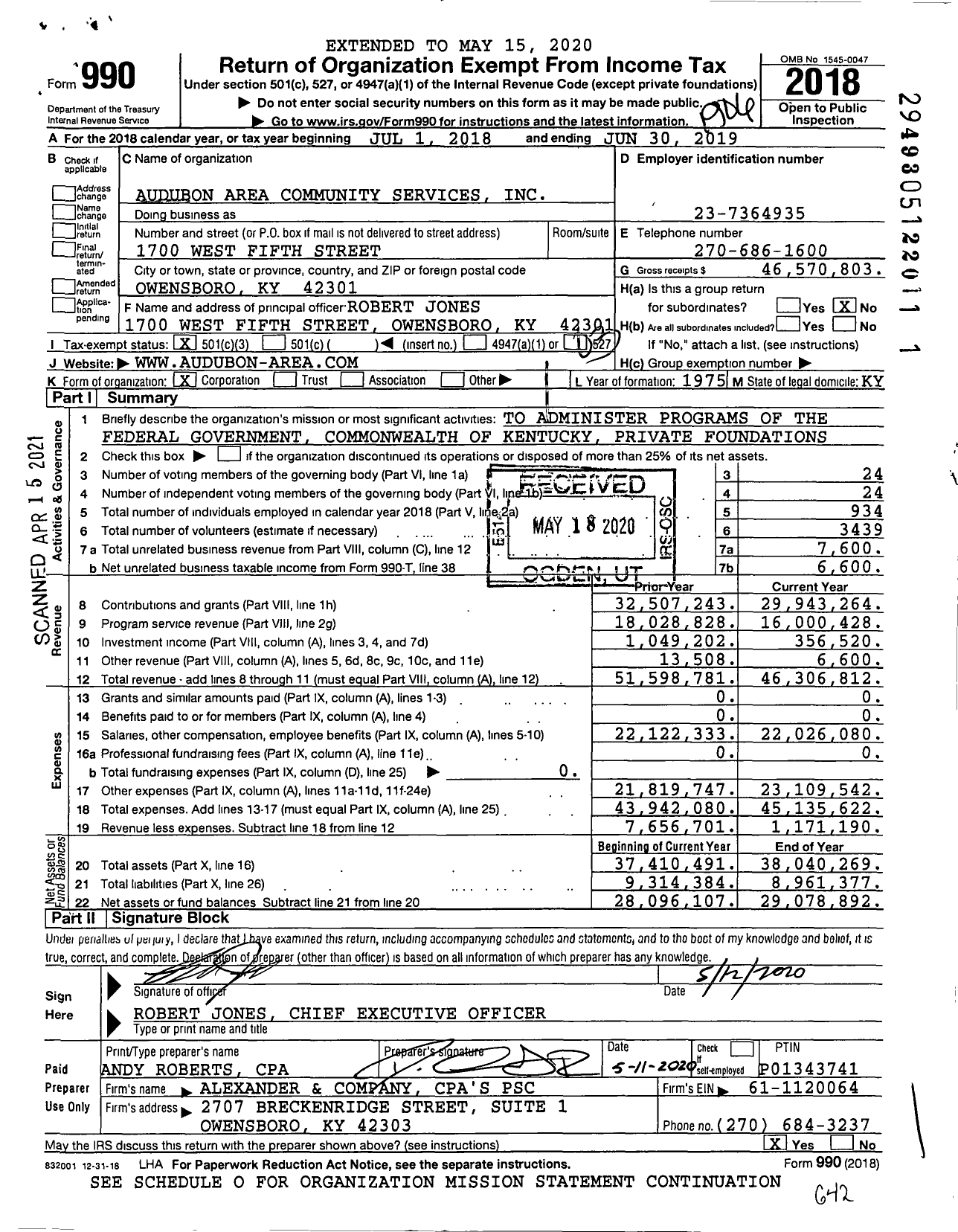 Image of first page of 2018 Form 990 for Audubon Area Community Services