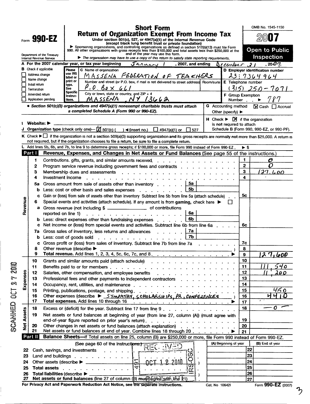 Image of first page of 2007 Form 990EO for American Federation of Teachers