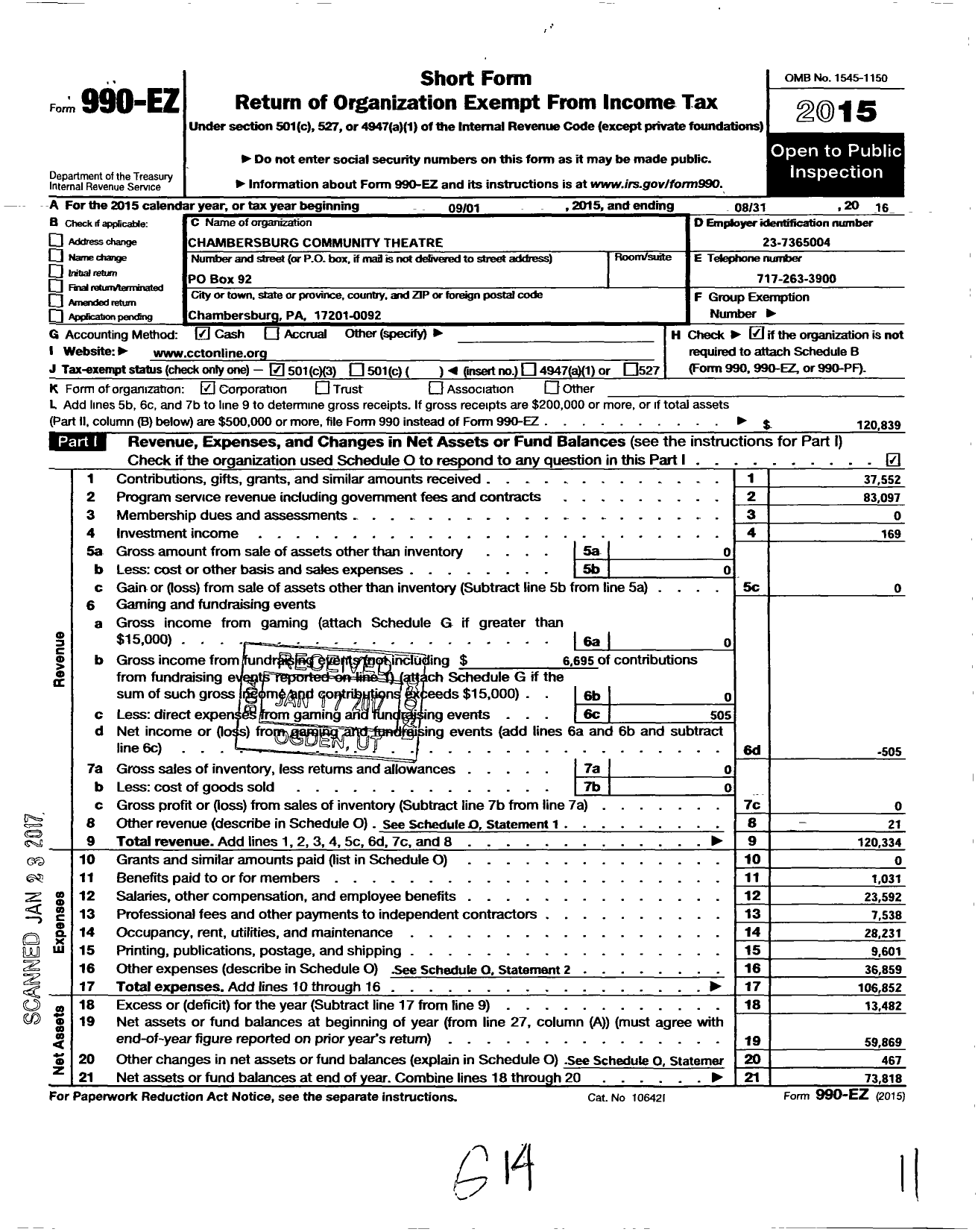 Image of first page of 2015 Form 990EZ for Chambersburg Community Theatre