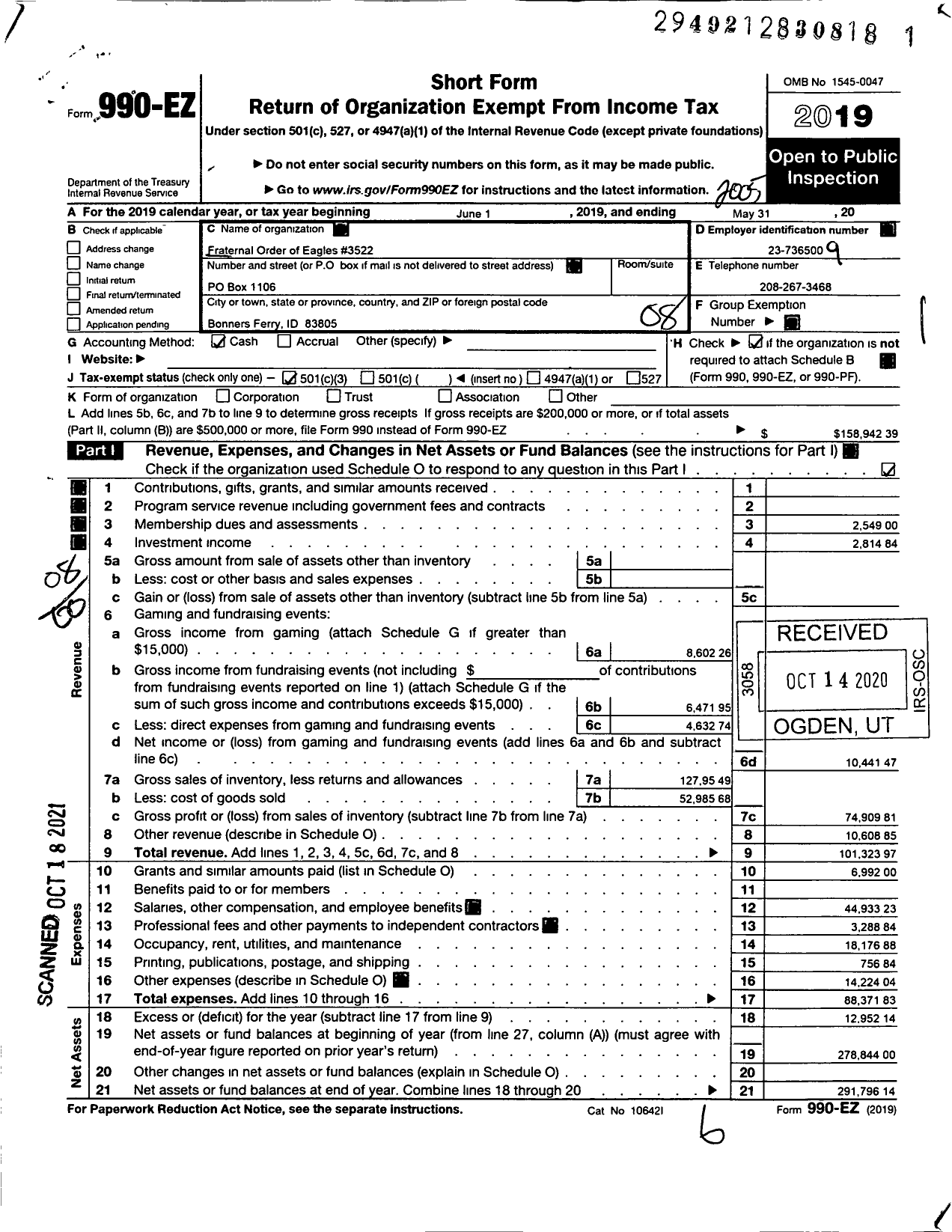 Image of first page of 2019 Form 990EO for Fraternal Order of Eagles 3522