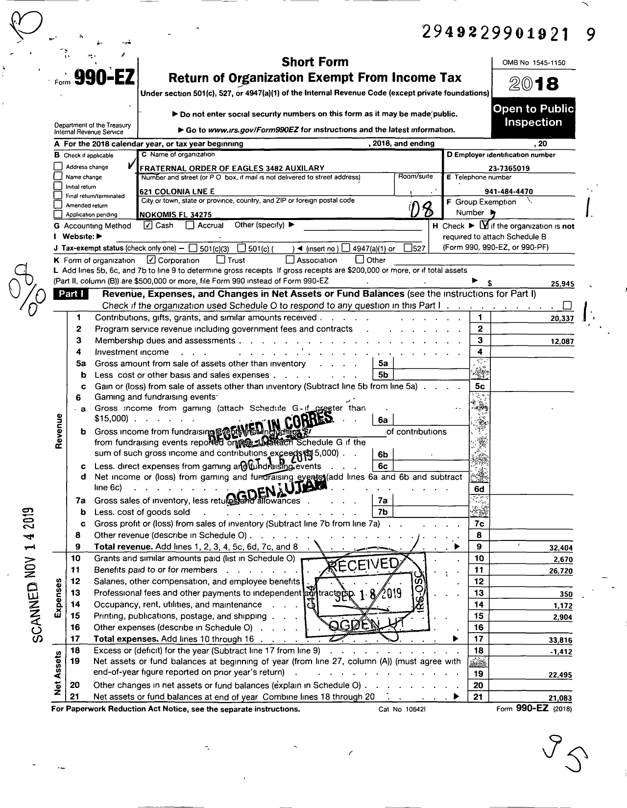 Image of first page of 2018 Form 990EO for Fraternal Order of Eagles 3482 Auxilary