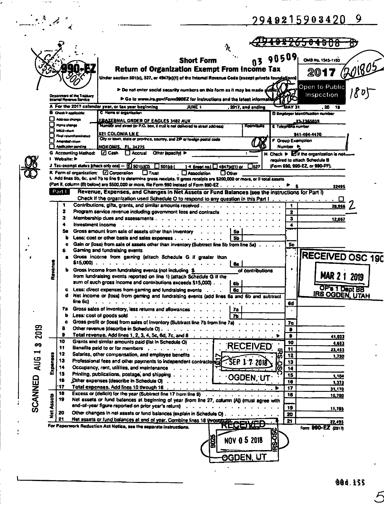 Image of first page of 2017 Form 990EO for Fraternal Order of Eagles 3482 Auxilary