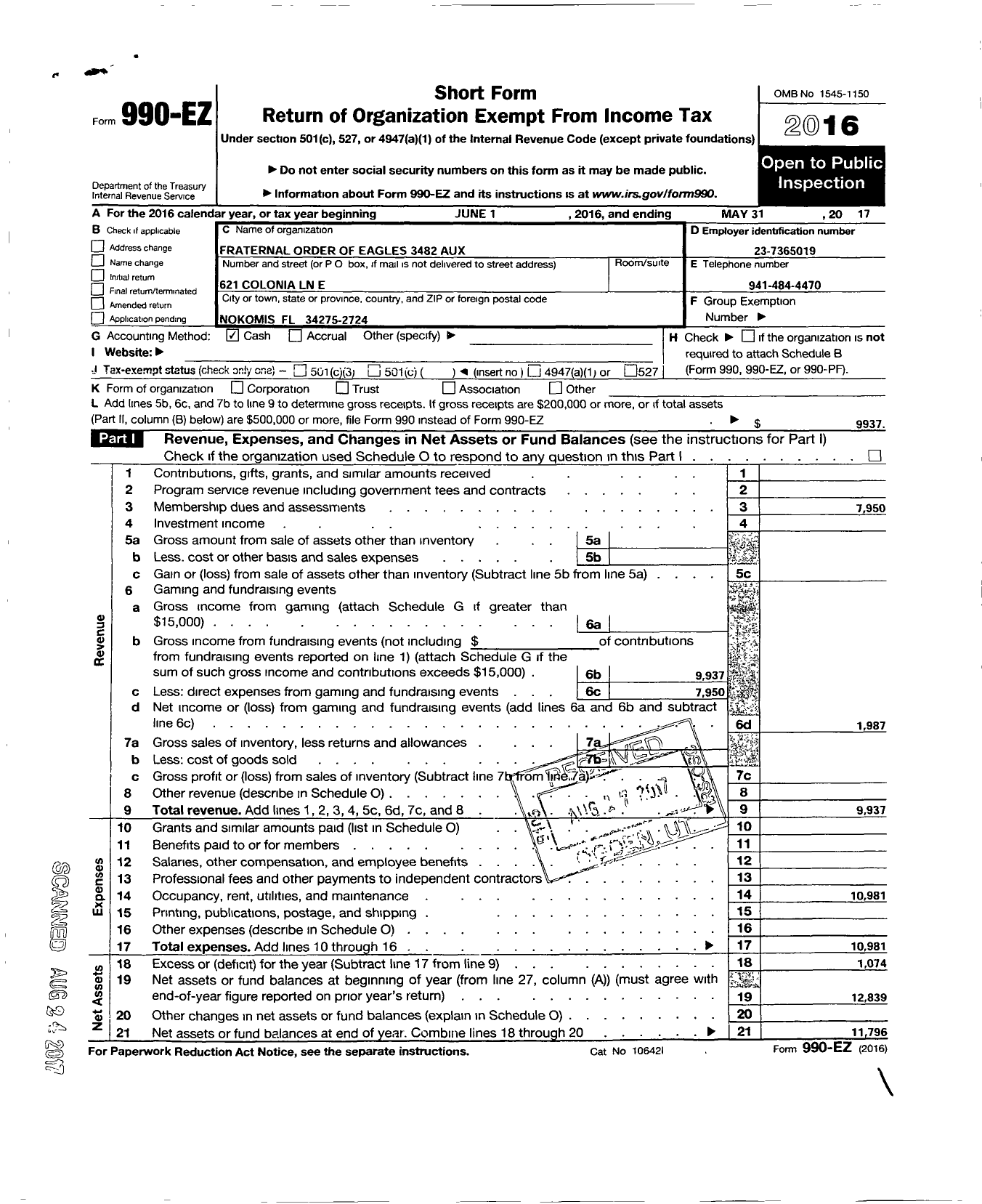 Image of first page of 2016 Form 990EO for Fraternal Order of Eagles 3482 Auxilary