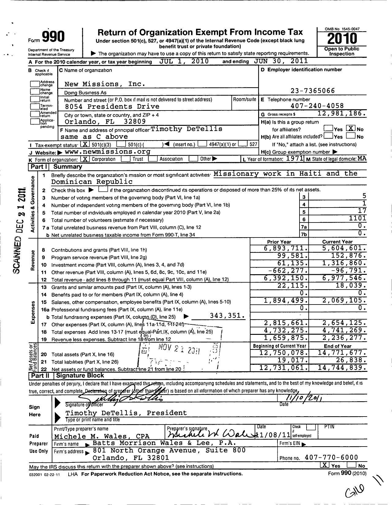 Image of first page of 2010 Form 990 for New Missions