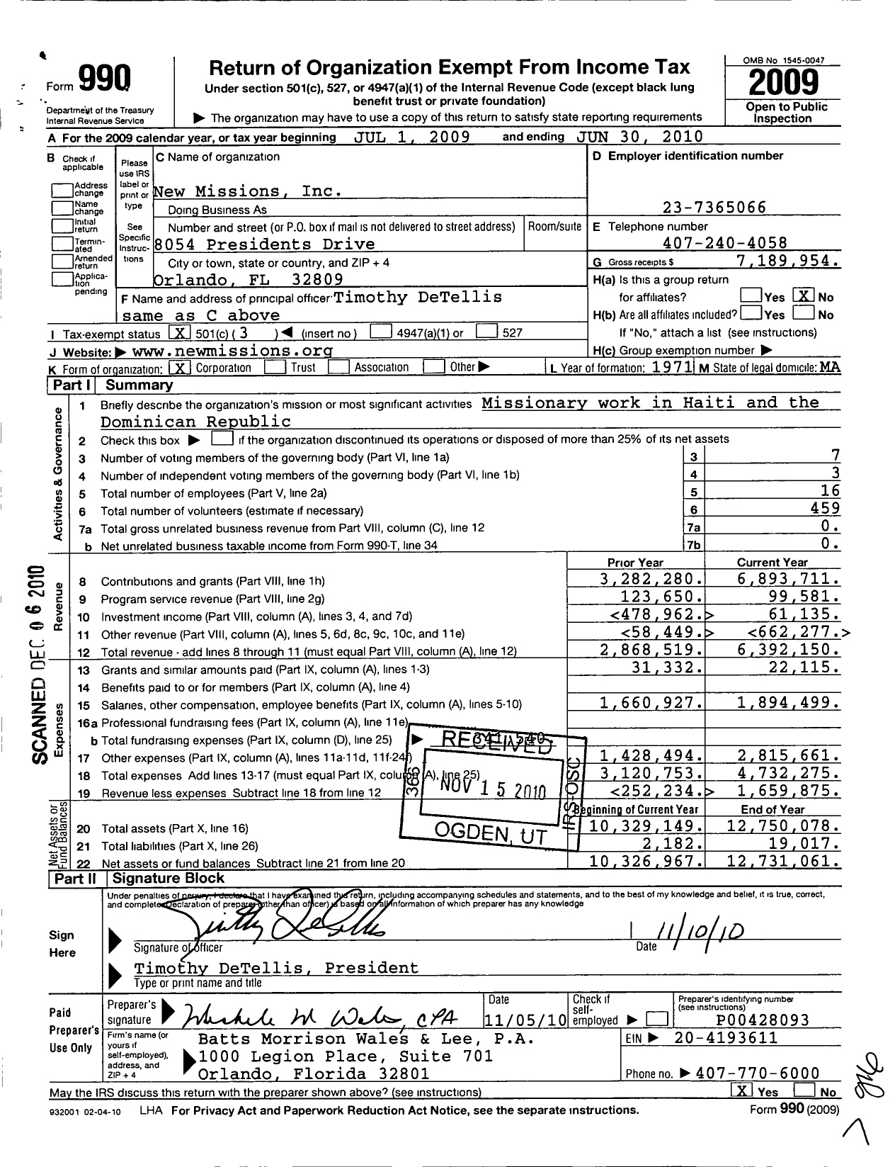 Image of first page of 2009 Form 990 for New Missions