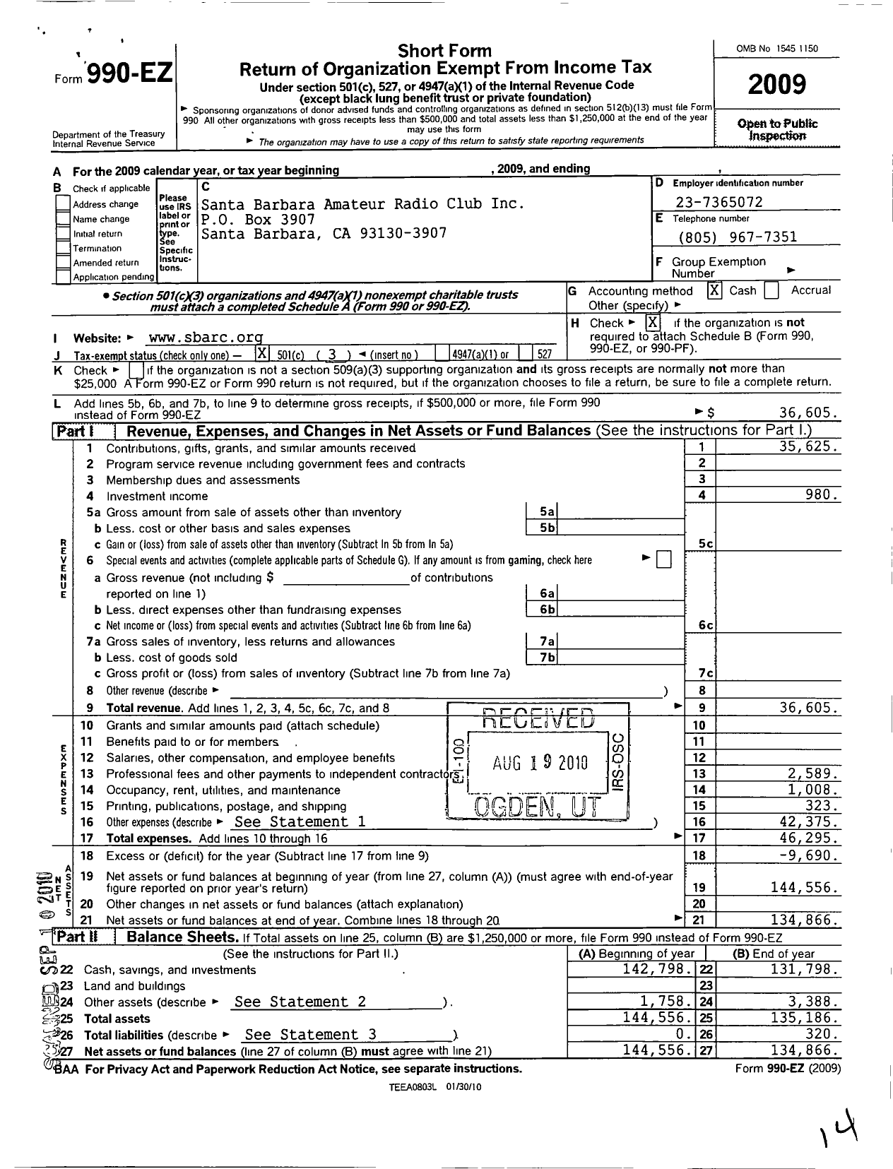 Image of first page of 2009 Form 990EZ for Santa Barbara Amateur Radio Club