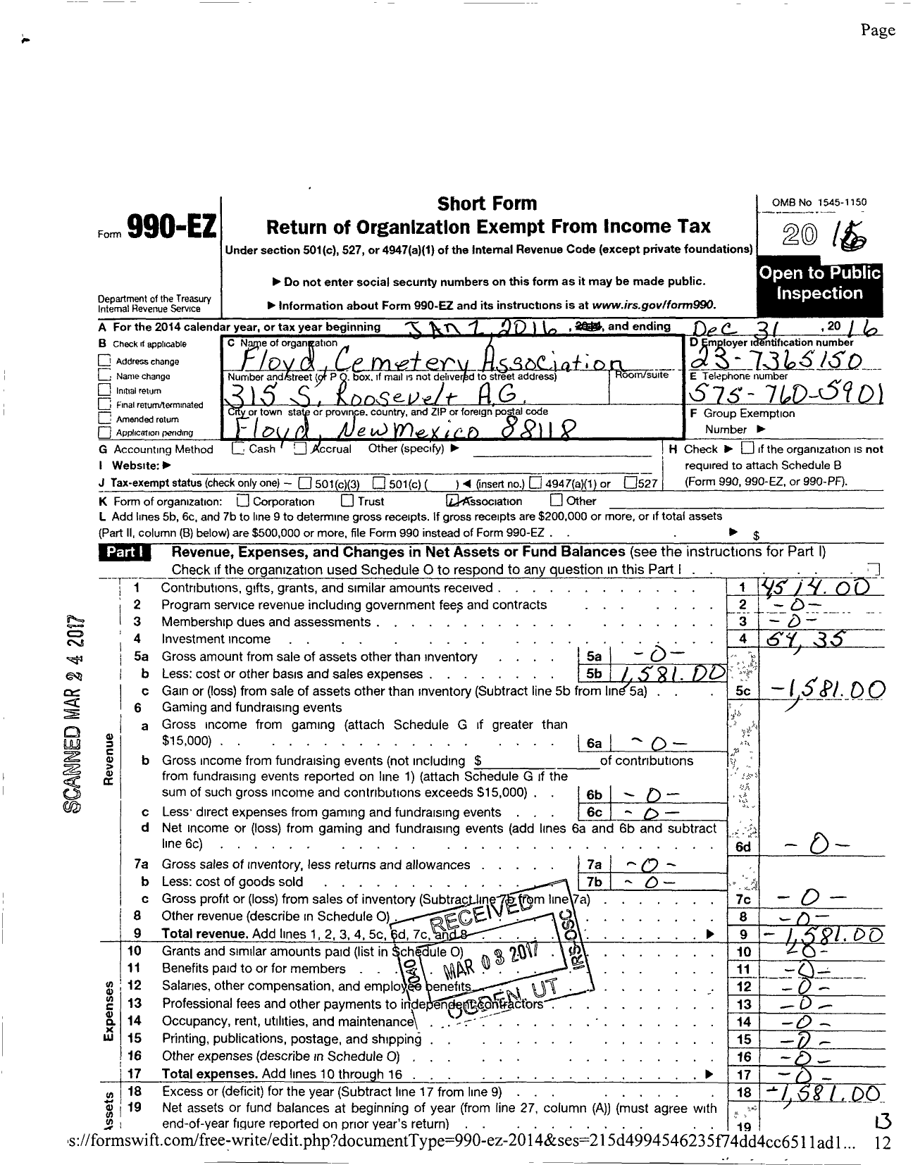 Image of first page of 2016 Form 990EO for Floyd Cemetery Association