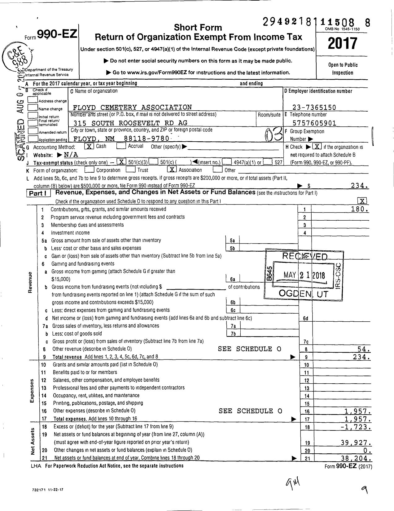 Image of first page of 2017 Form 990EZ for Floyd Cemetery Association