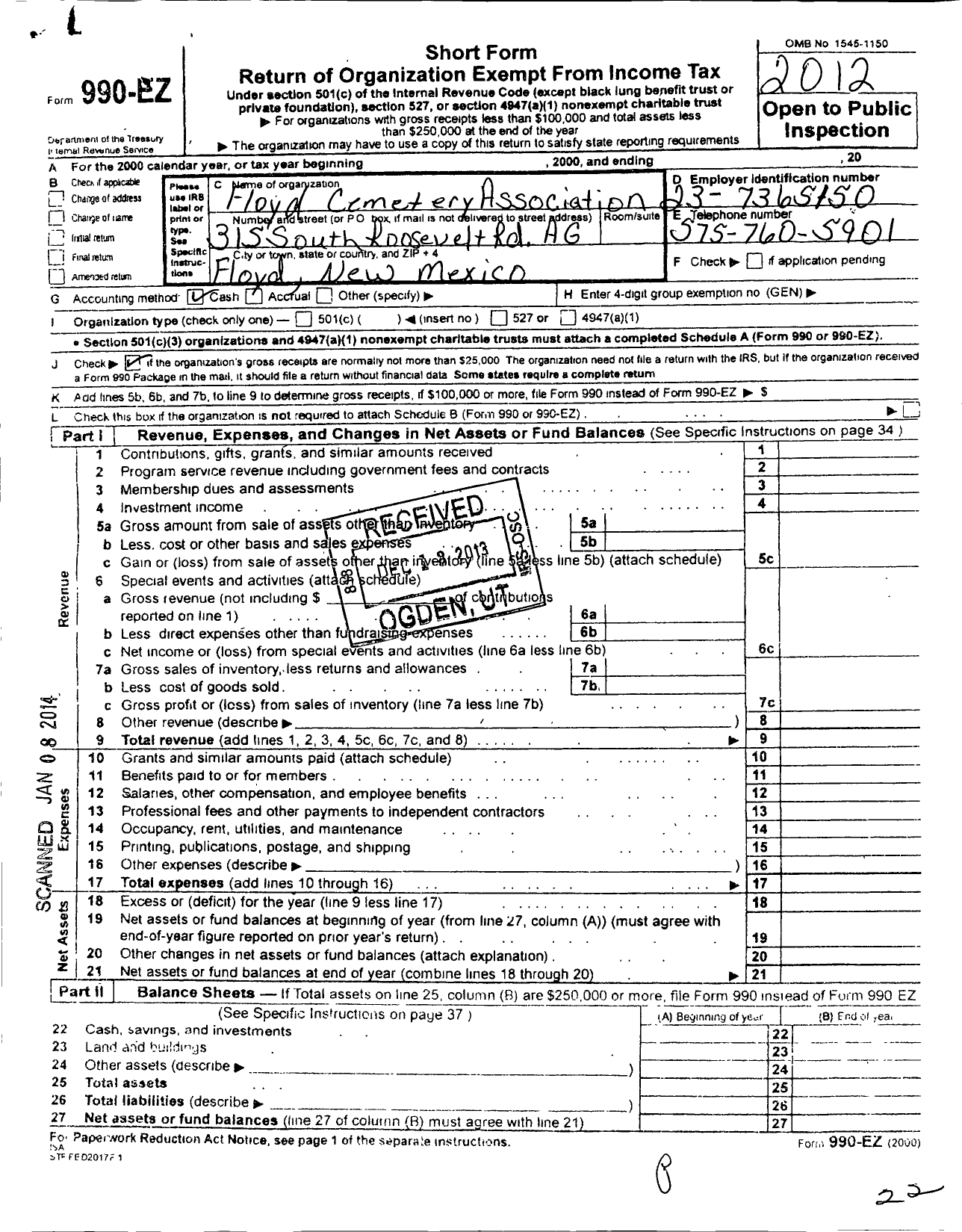 Image of first page of 2012 Form 990EO for Floyd Cemetery Association