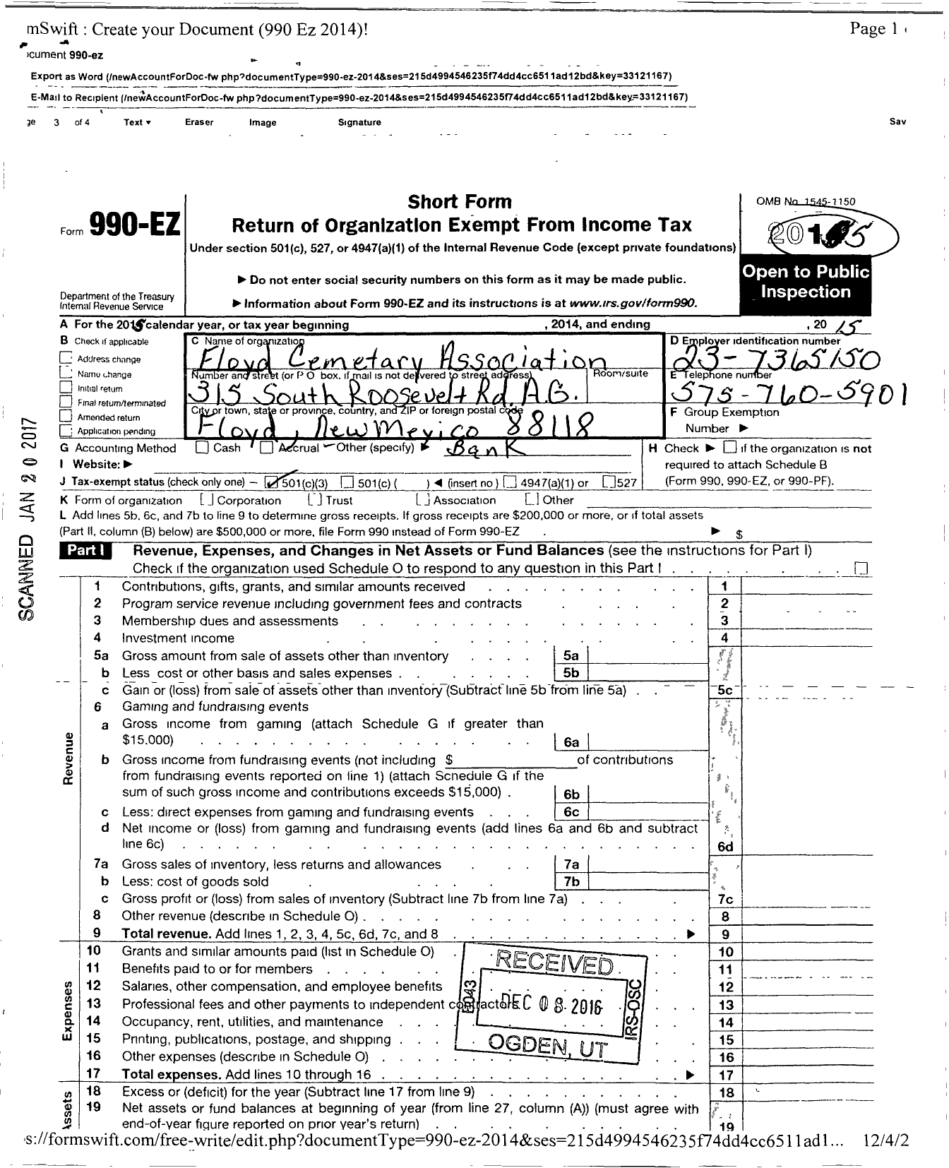 Image of first page of 2015 Form 990EZ for Floyd Cemetery Association