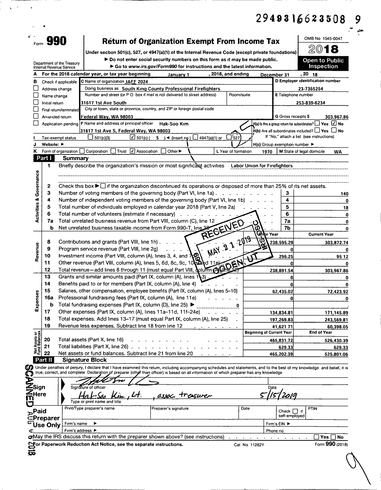 Image of first page of 2018 Form 990O for International Association of Fire Fighters - South King County Professional Firefighters