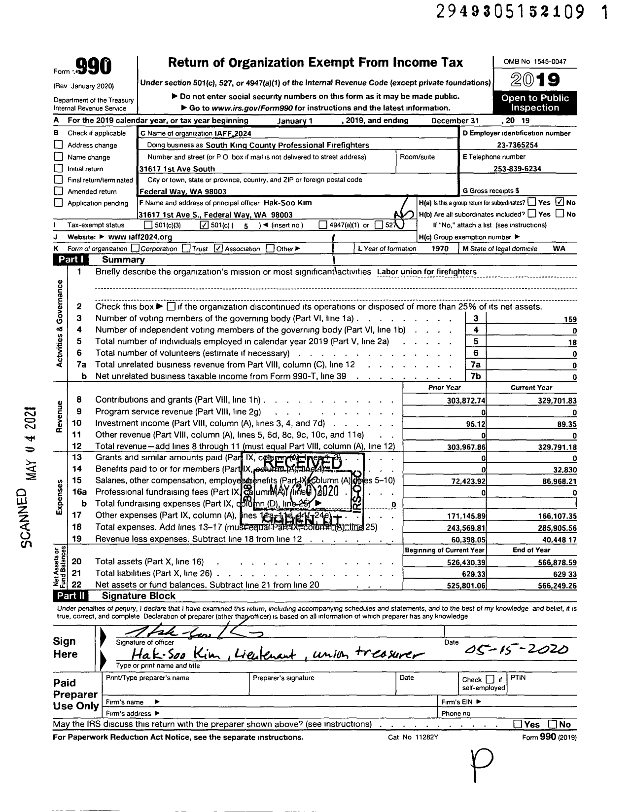 Image of first page of 2019 Form 990O for International Association of Fire Fighters - South King County Professional Firefighters