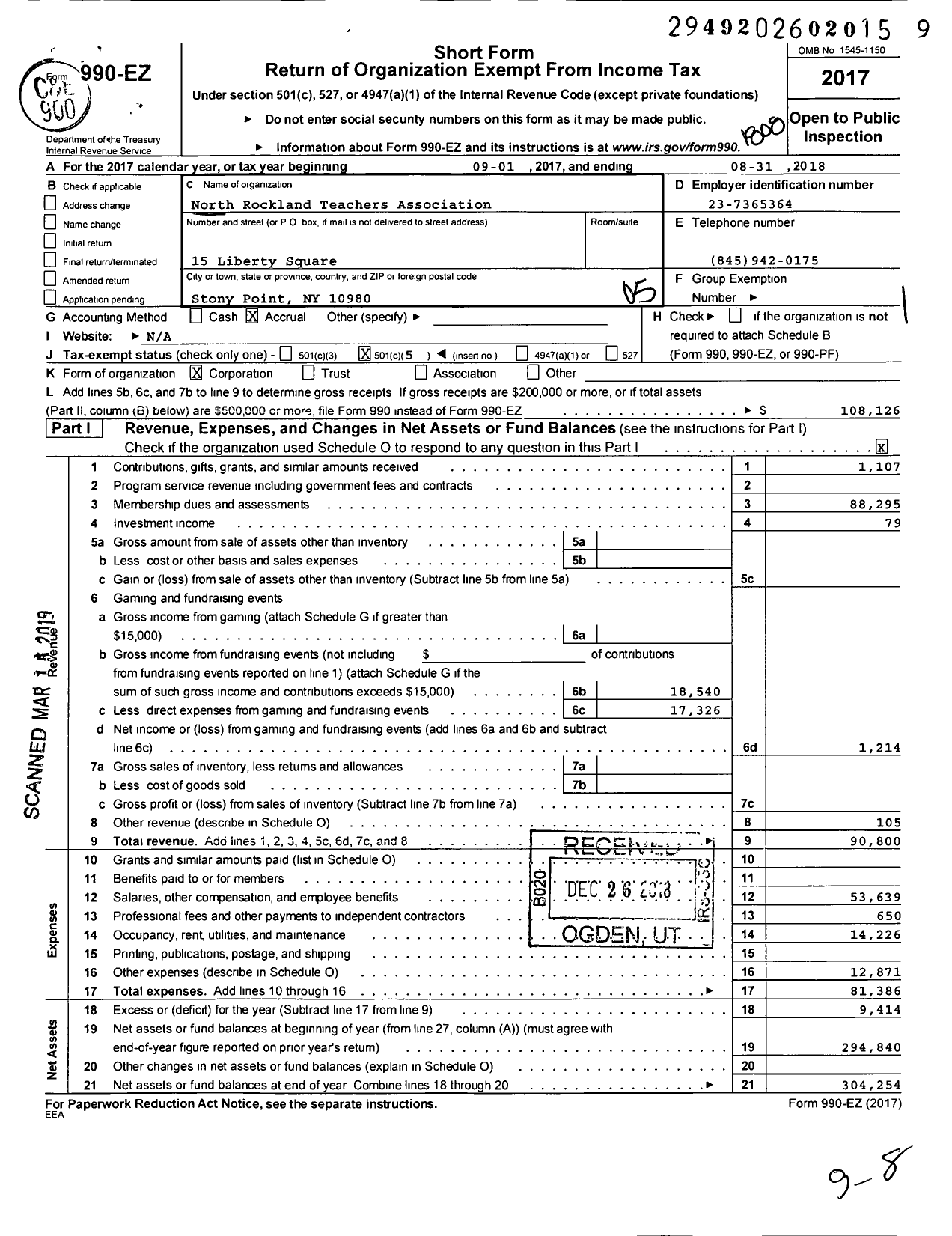 Image of first page of 2017 Form 990EO for American Federation of Teachers - 2877 North Rockland