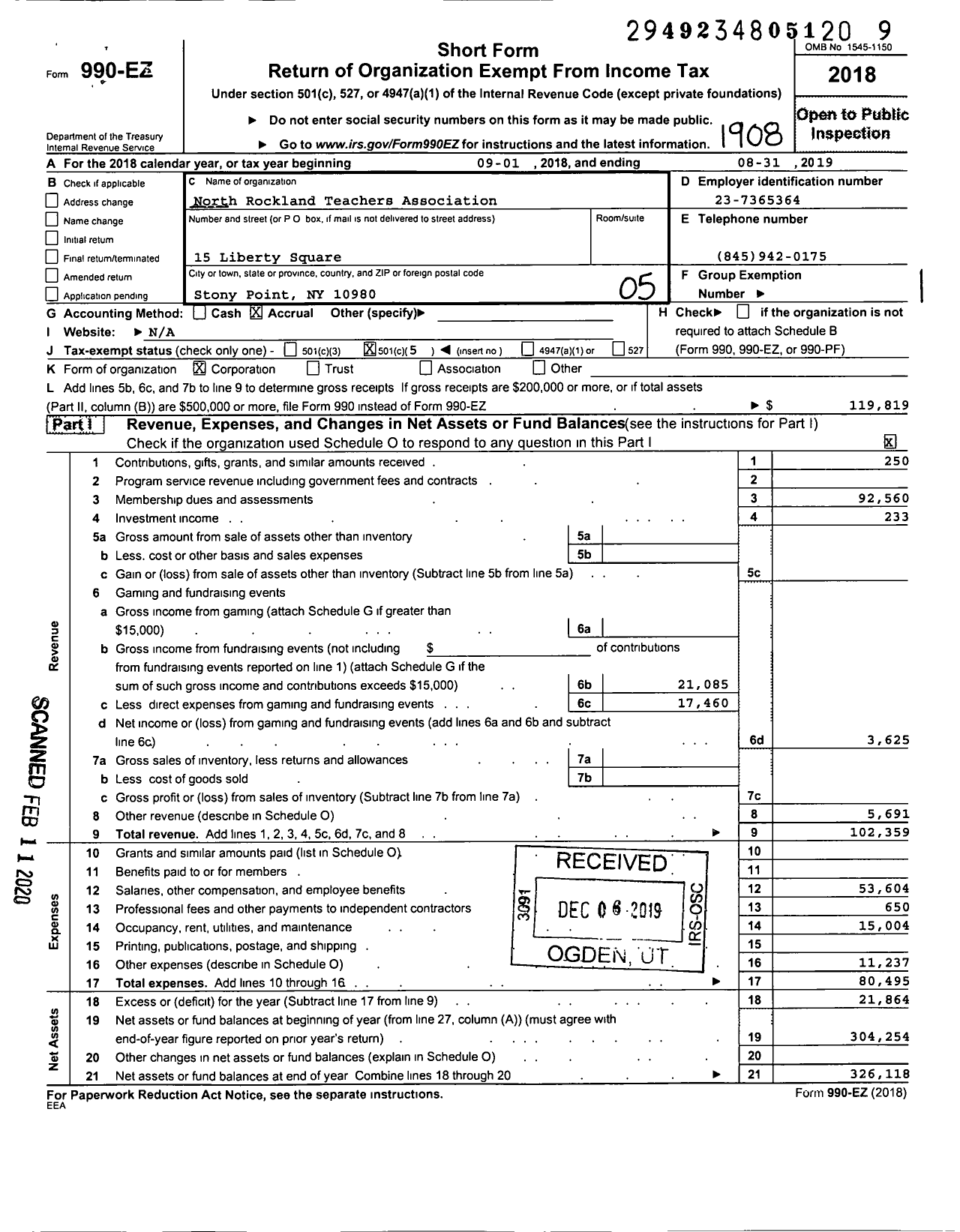 Image of first page of 2018 Form 990EO for American Federation of Teachers - 2877 North Rockland