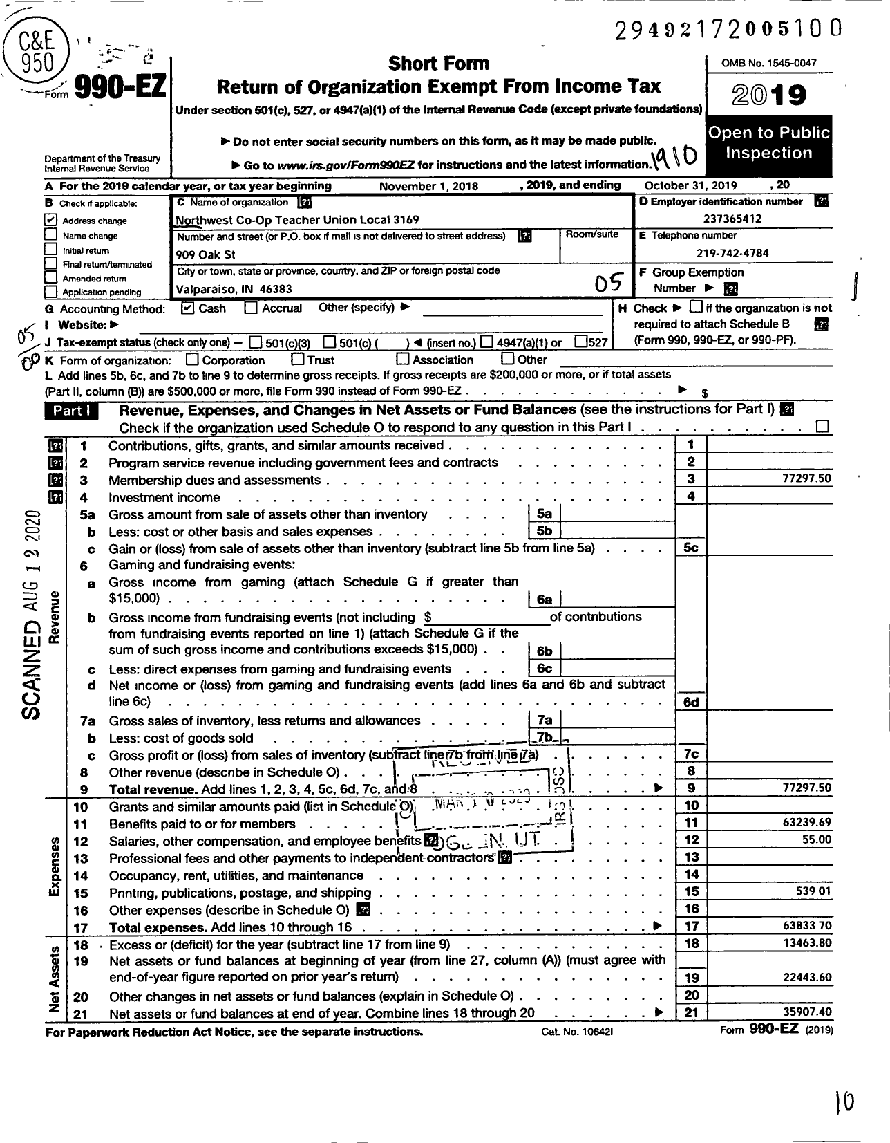 Image of first page of 2018 Form 990EO for American Federation of Teachers - 3169 NW Indiana Co-Op