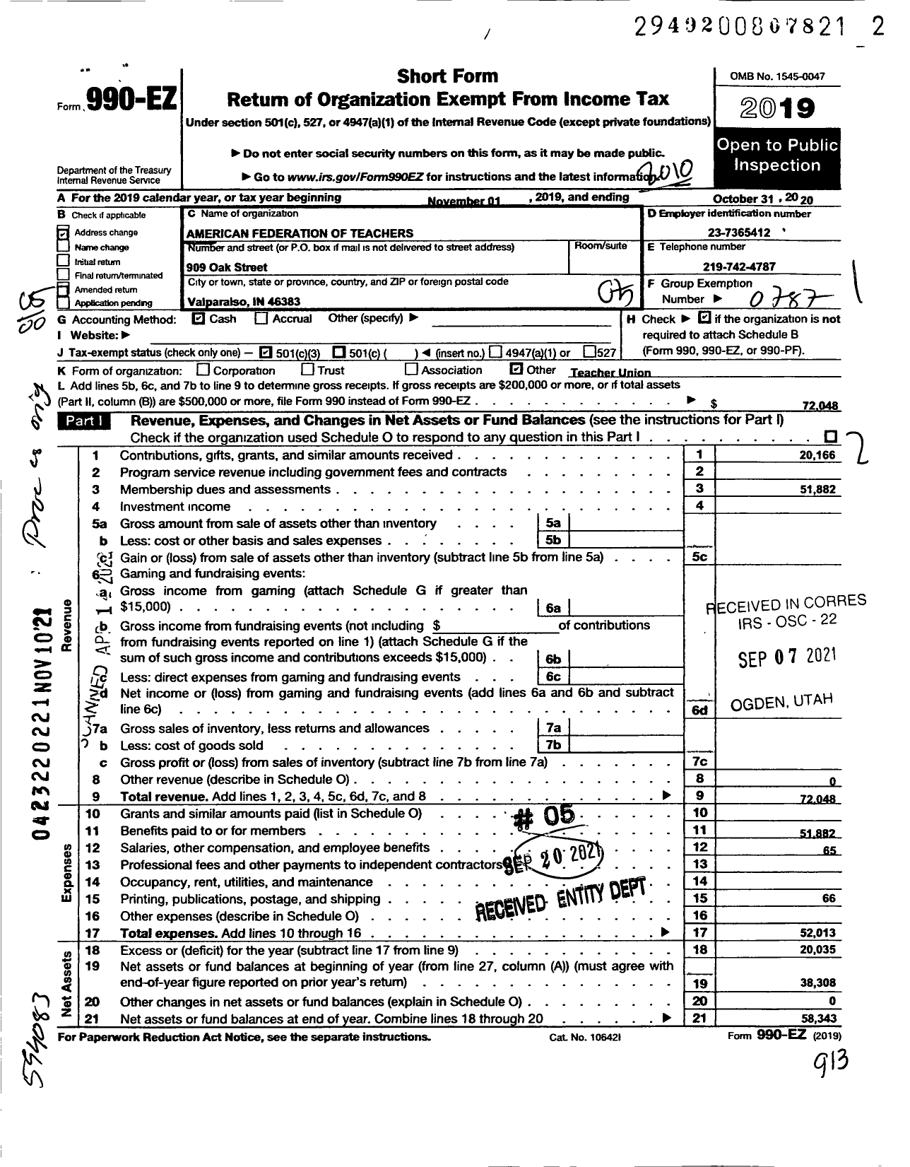 Image of first page of 2019 Form 990EO for American Federation of Teachers - 3169 NW Indiana Co-Op