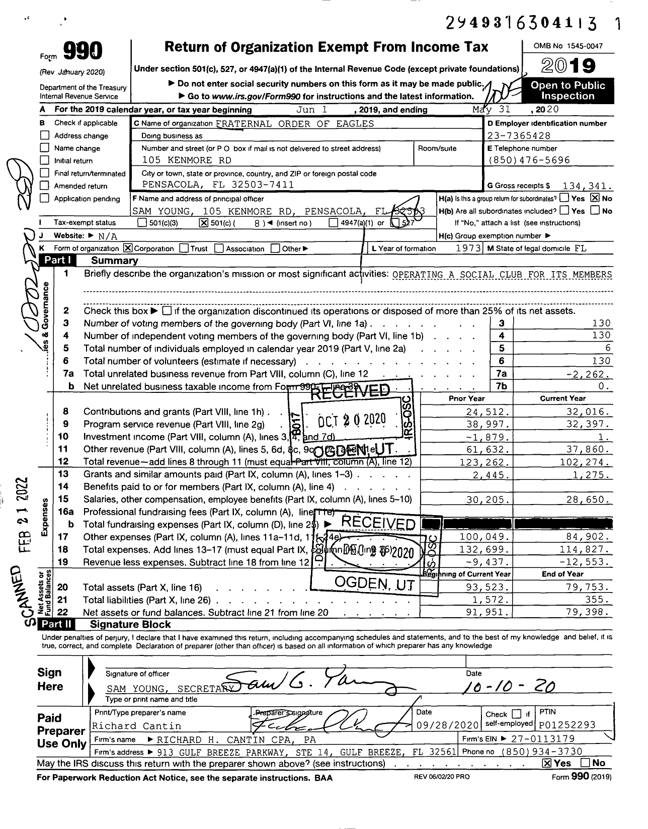 Image of first page of 2019 Form 990O for Fraternal Order of Eagles - Five Flags Foe 3483
