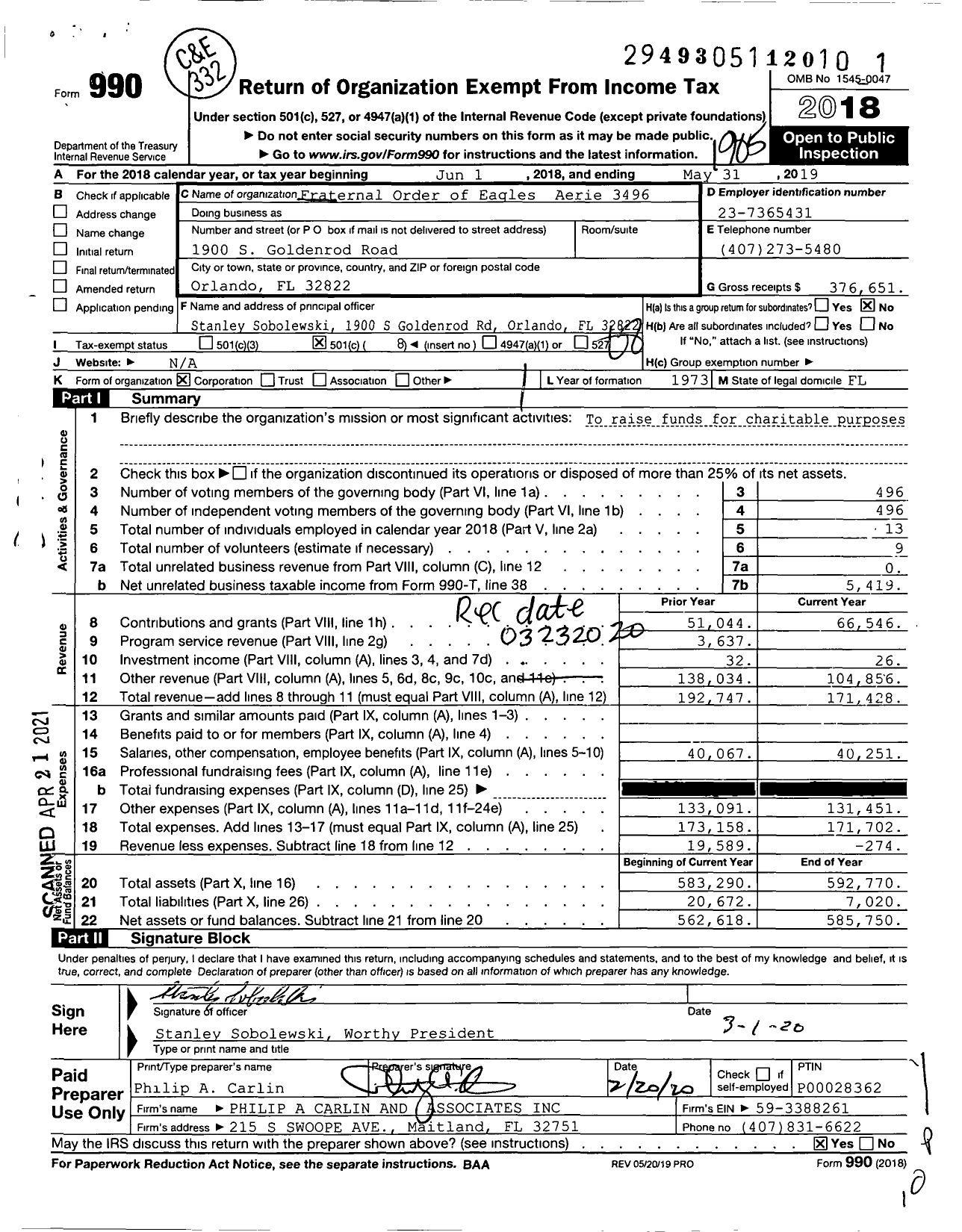 Image of first page of 2018 Form 990O for Fraternal Order of Eagles - 3496 Aerie