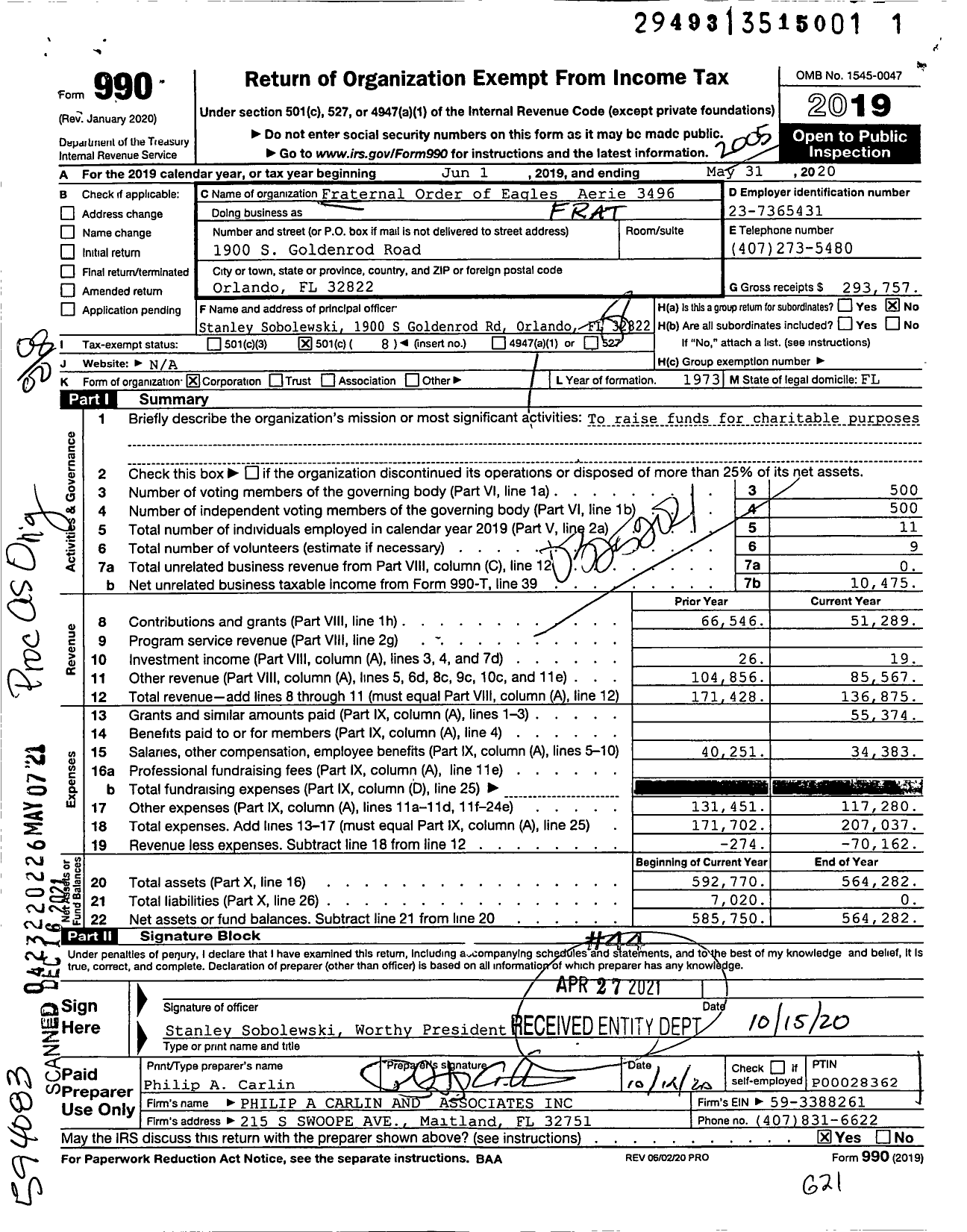 Image of first page of 2019 Form 990O for Fraternal Order of Eagles - 3496 Aerie