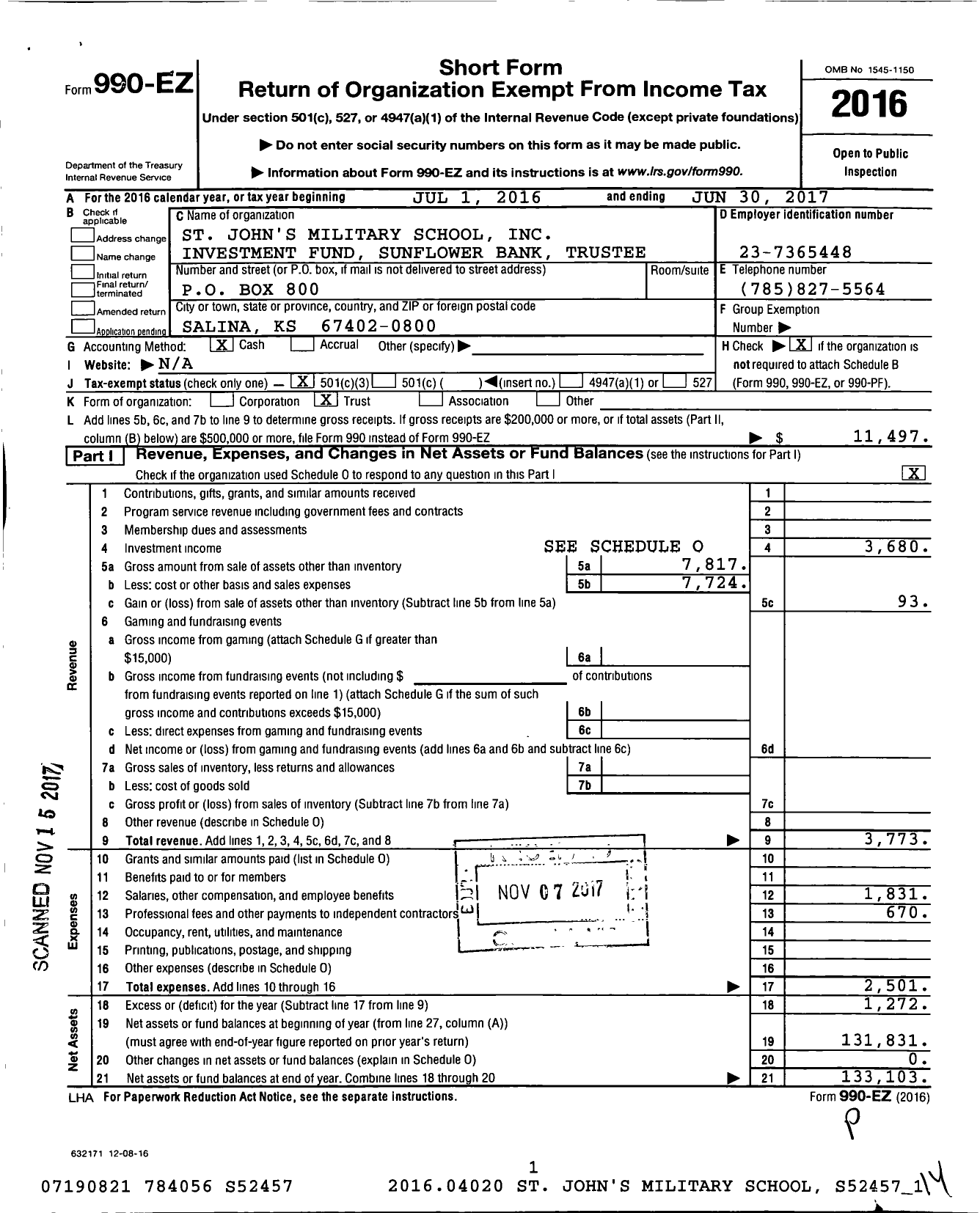 Image of first page of 2016 Form 990EZ for St Johns Military School