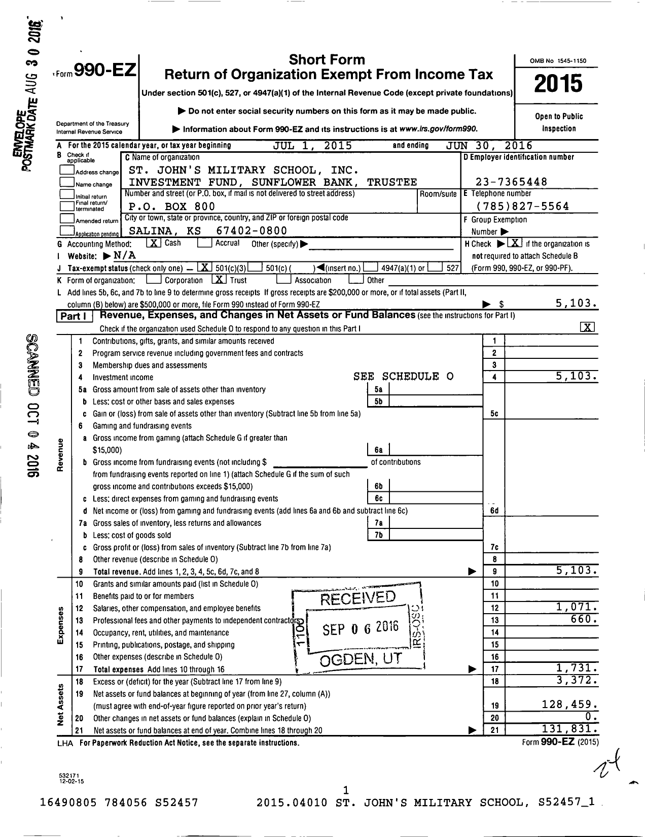 Image of first page of 2015 Form 990EZ for St Johns Military School