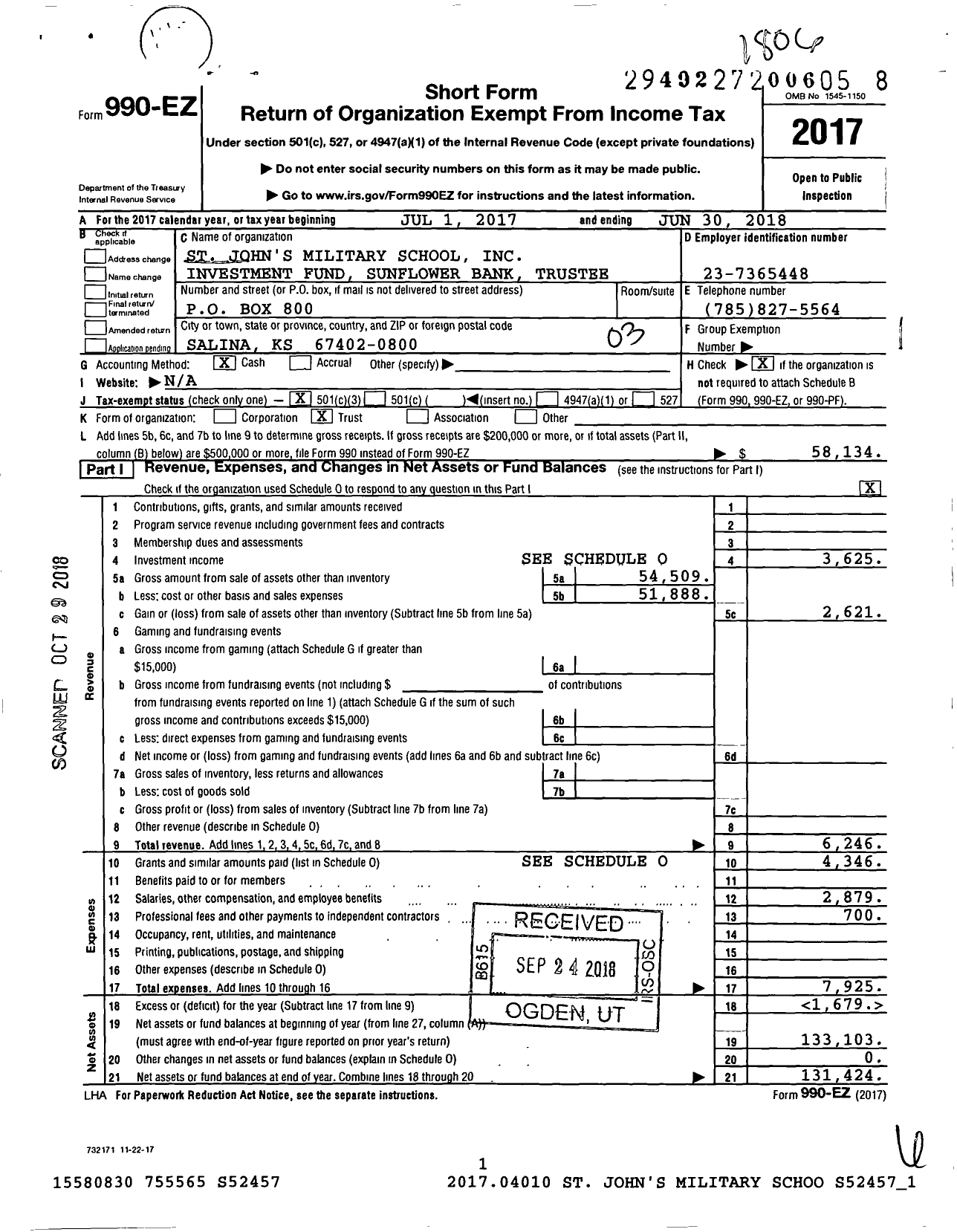 Image of first page of 2017 Form 990EZ for St Johns Military School