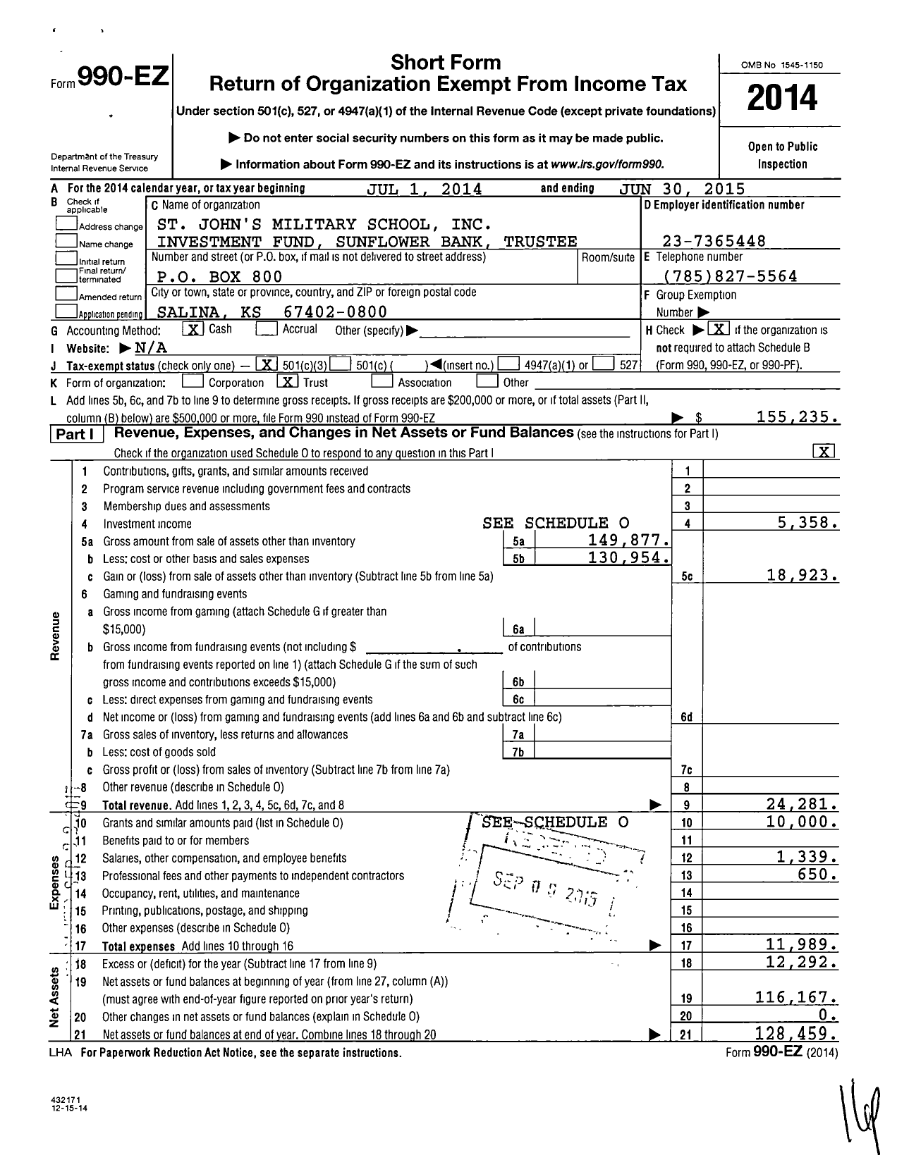 Image of first page of 2014 Form 990EZ for St Johns Military School