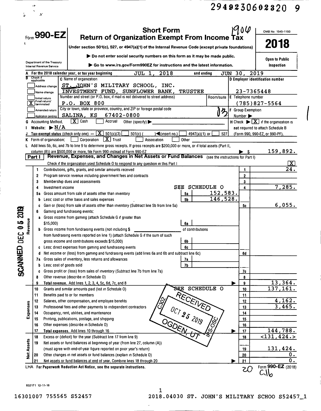 Image of first page of 2018 Form 990EZ for St Johns Military School