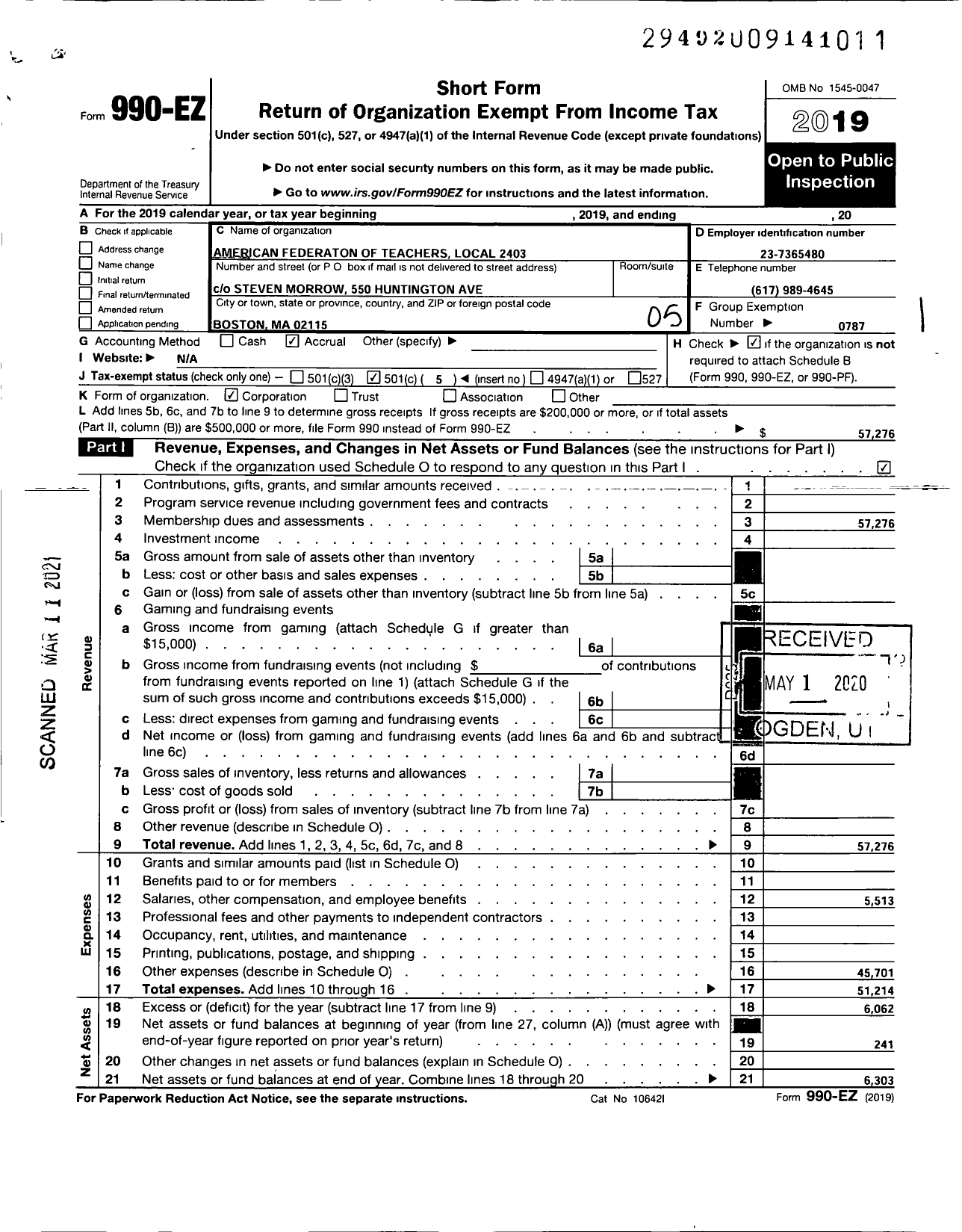 Image of first page of 2019 Form 990EO for AMERICAN FEDERATION OF TEACHERS - 2403 Aft