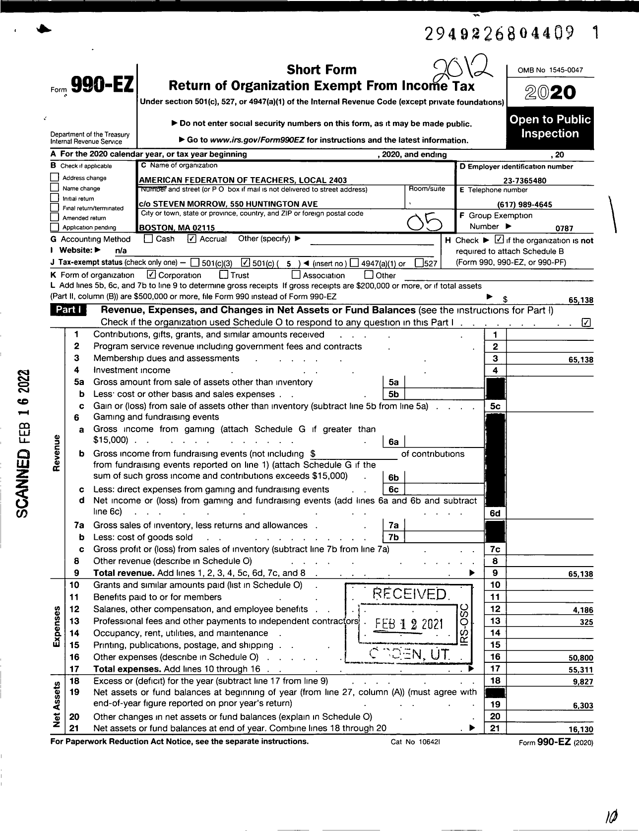 Image of first page of 2020 Form 990EO for AMERICAN FEDERATION OF TEACHERS - 2403 Aft