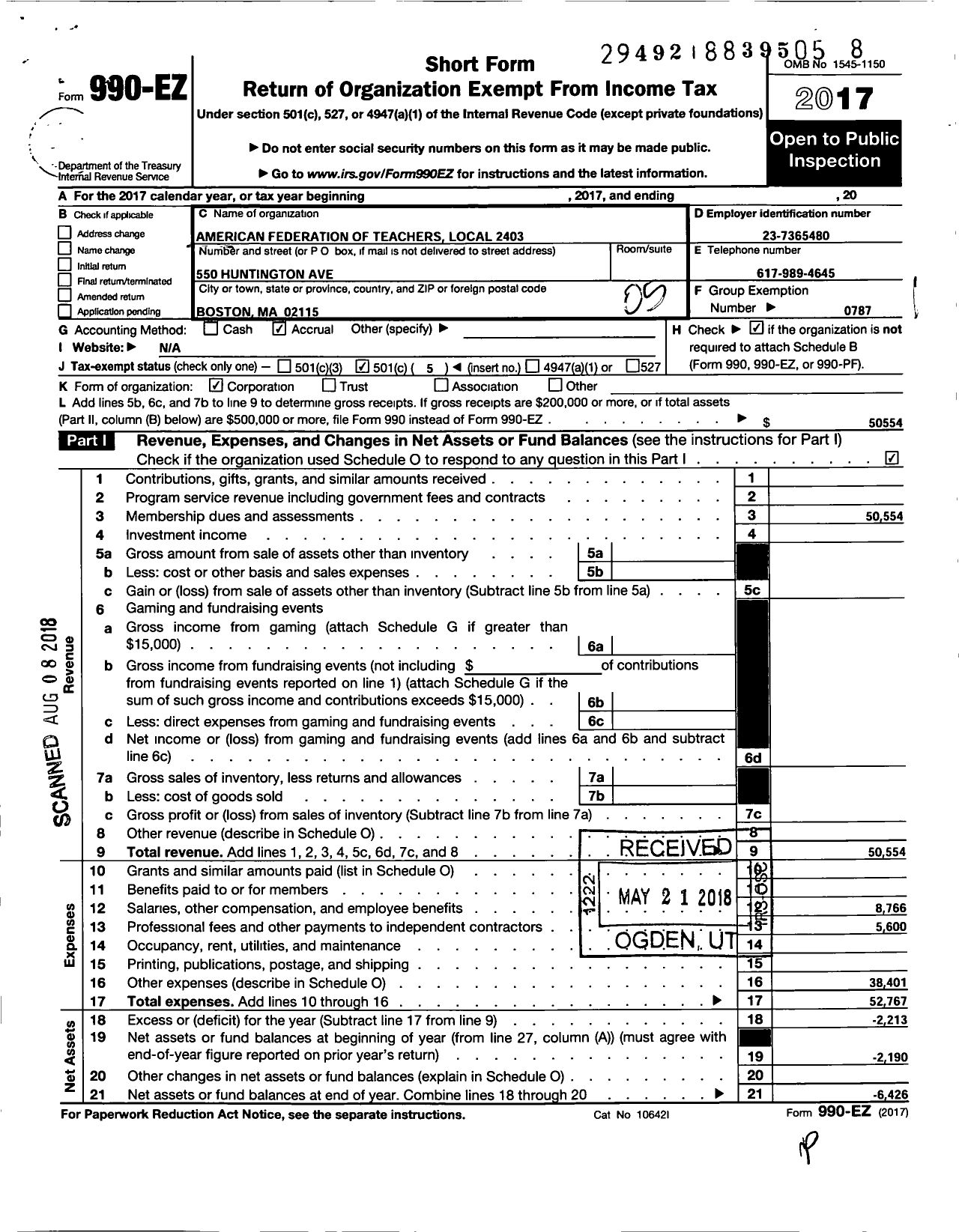 Image of first page of 2017 Form 990EO for AMERICAN FEDERATION OF TEACHERS Local 2403