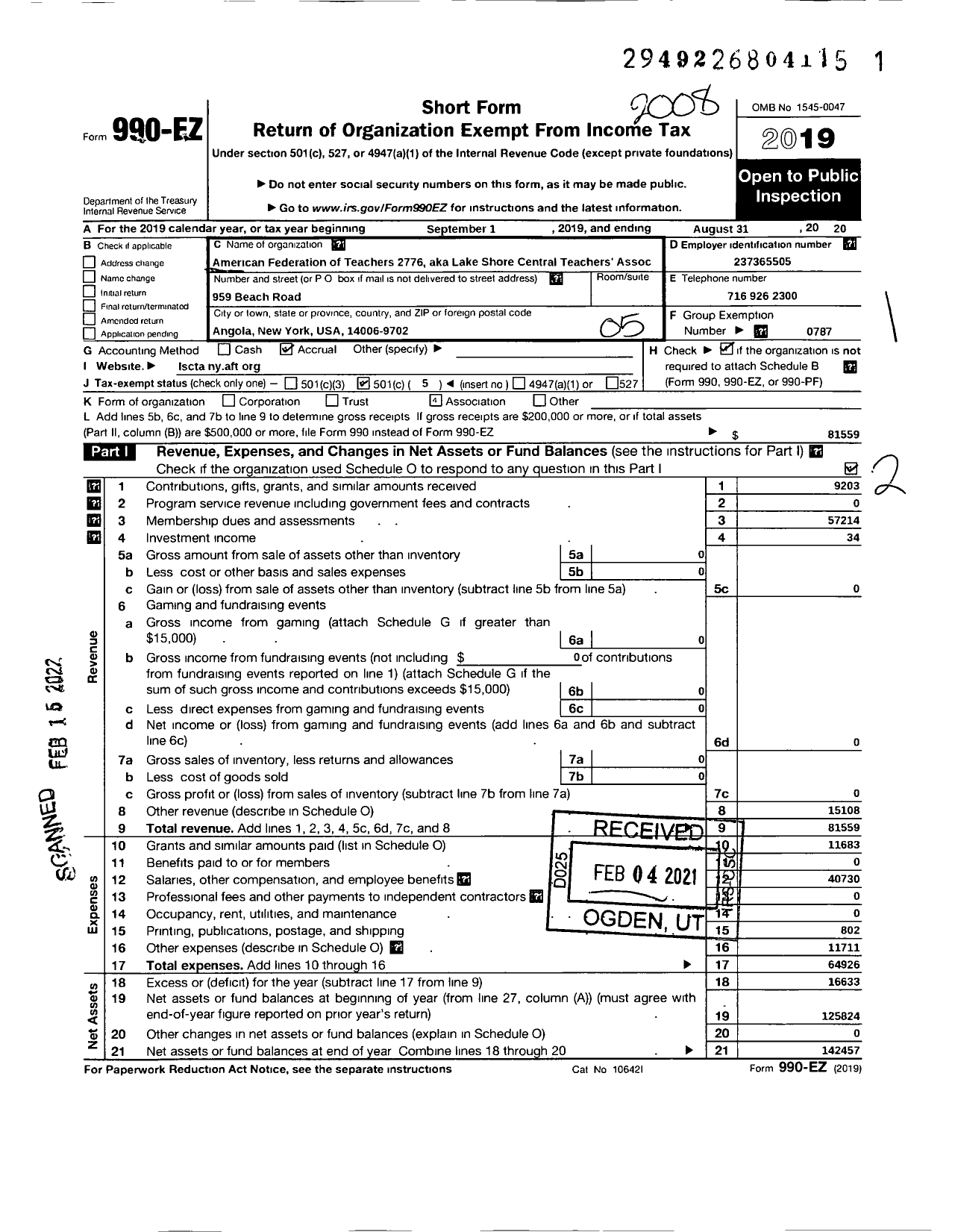 Image of first page of 2019 Form 990EO for AMERICAN FEDERATION OF Teachers - Lake Shore Central Teachers Association