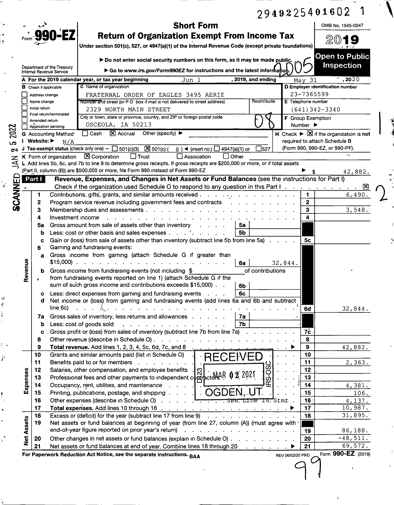 Image of first page of 2019 Form 990EO for Fraternal Order of Eagles 3495 Aerie