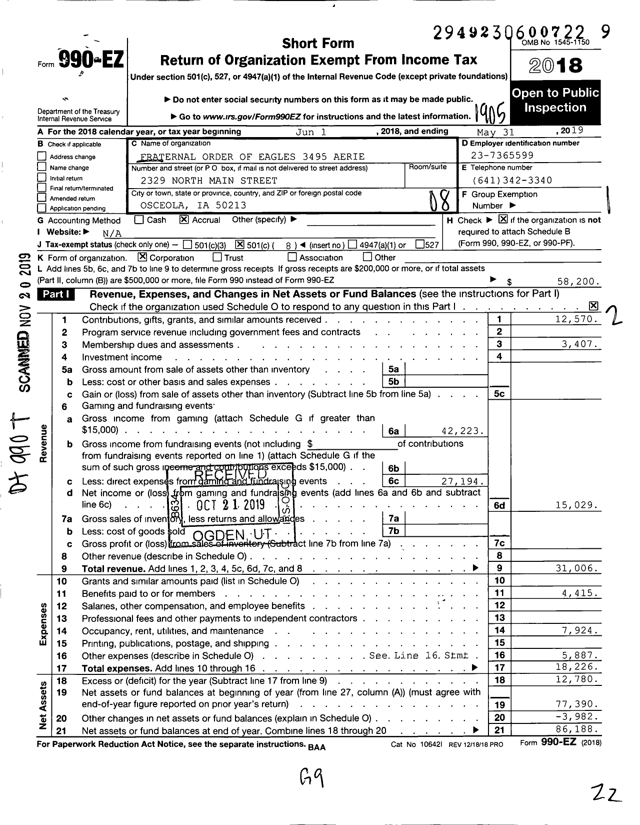 Image of first page of 2018 Form 990EO for Fraternal Order of Eagles 3495 Aerie