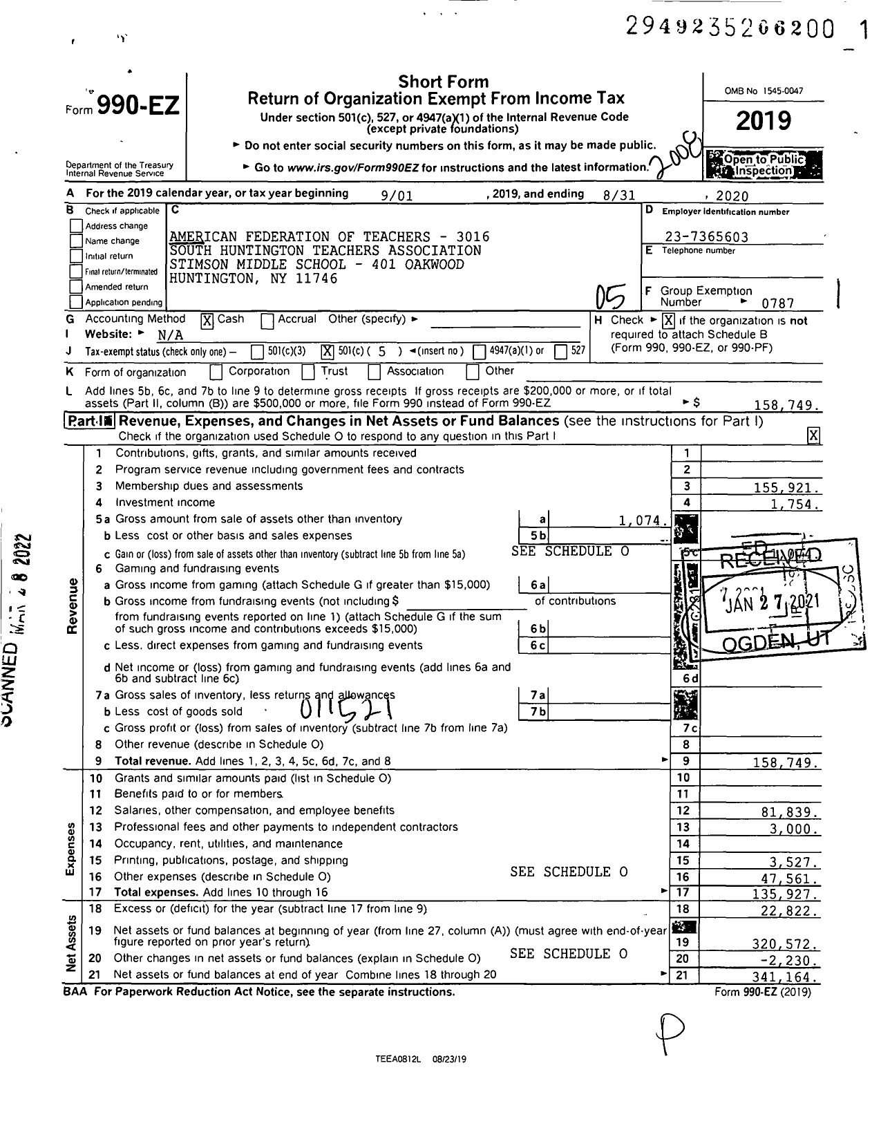 Image of first page of 2019 Form 990EO for American Federation of Teachers - 3016 South Huntington