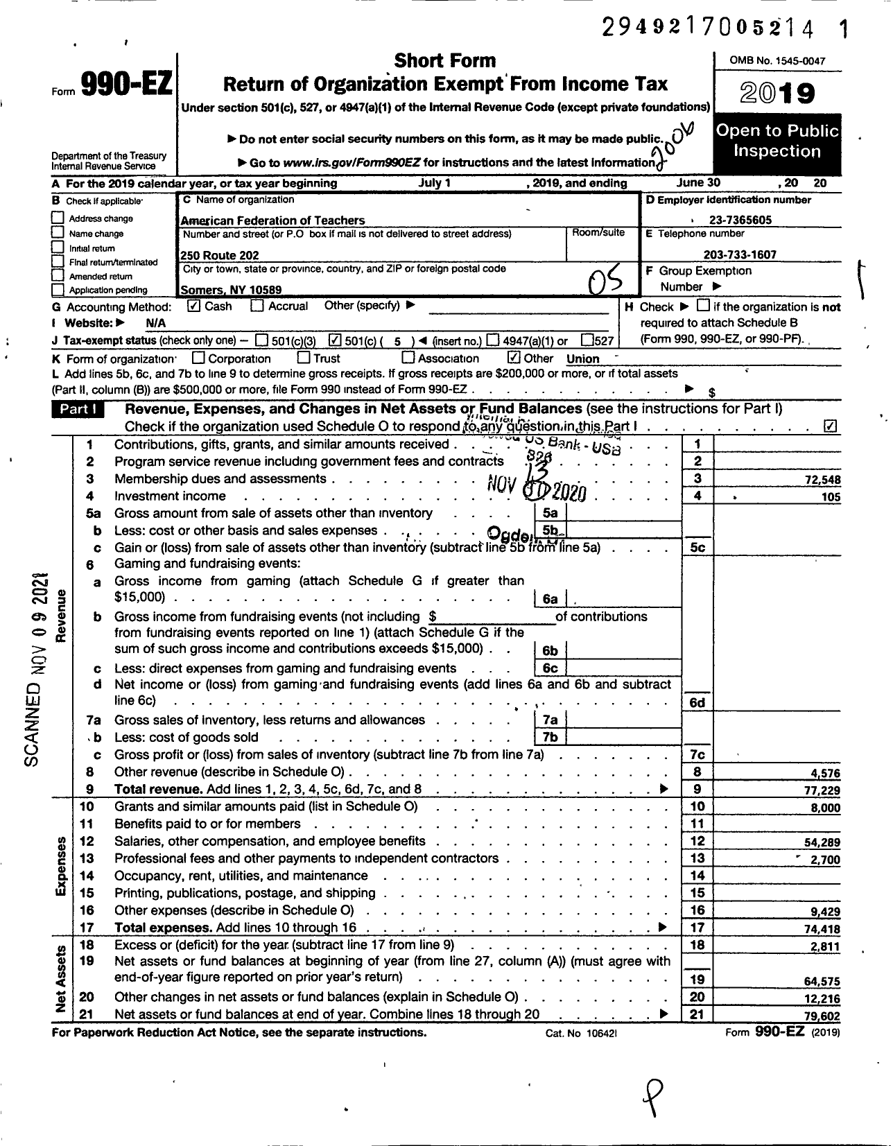 Image of first page of 2019 Form 990EO for American Federation of Teachers - 3013 Somers Faculty Association