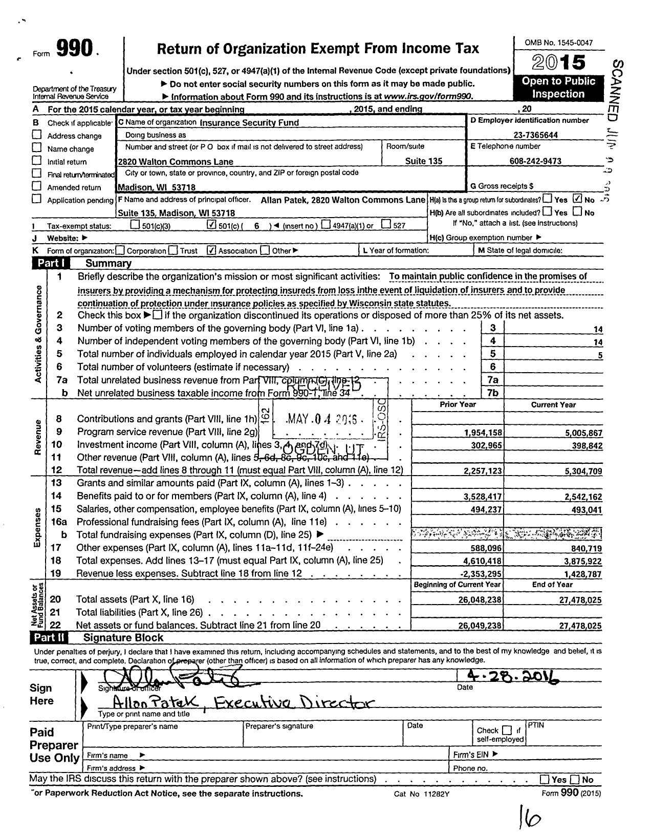 Image of first page of 2015 Form 990O for Wisconsin Insurance Security Fund