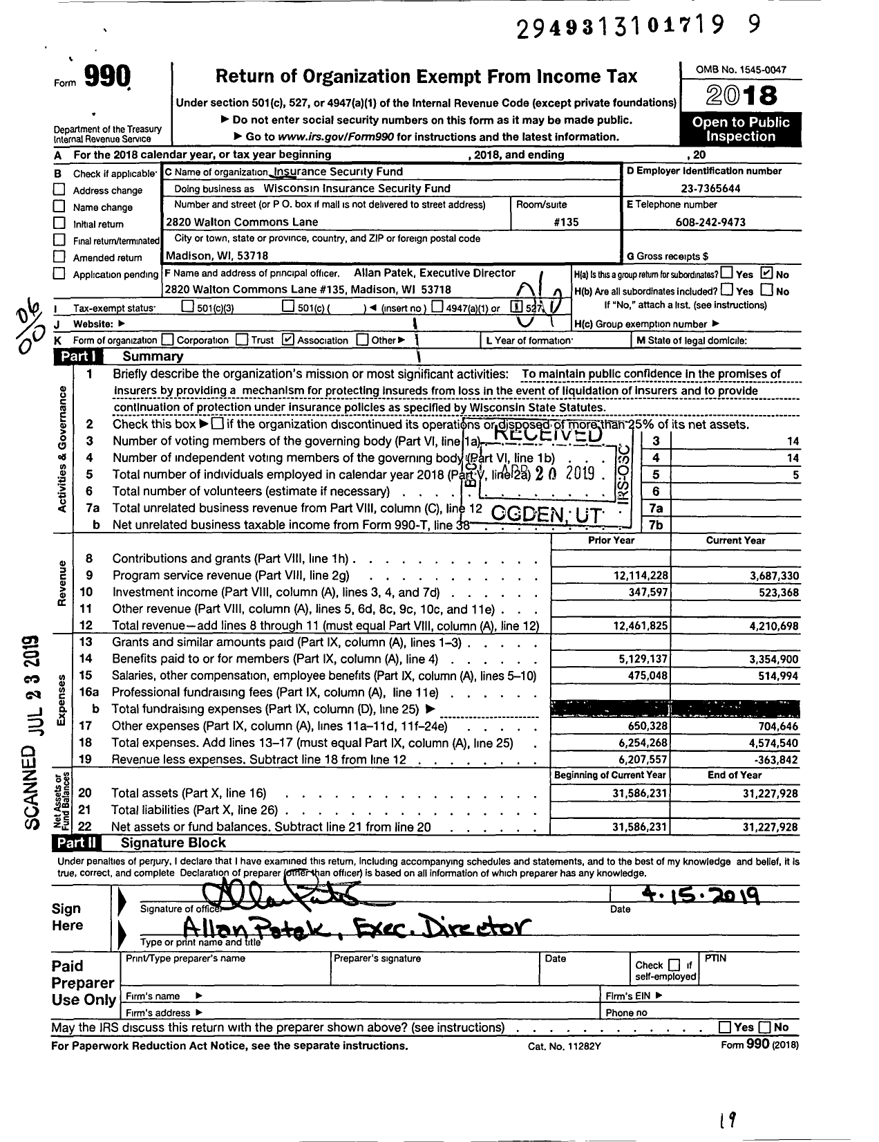 Image of first page of 2018 Form 990O for Wisconsin Insurance Security Fund