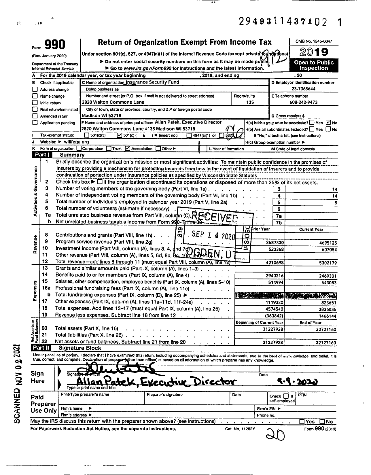 Image of first page of 2019 Form 990O for Insurance Security Fund