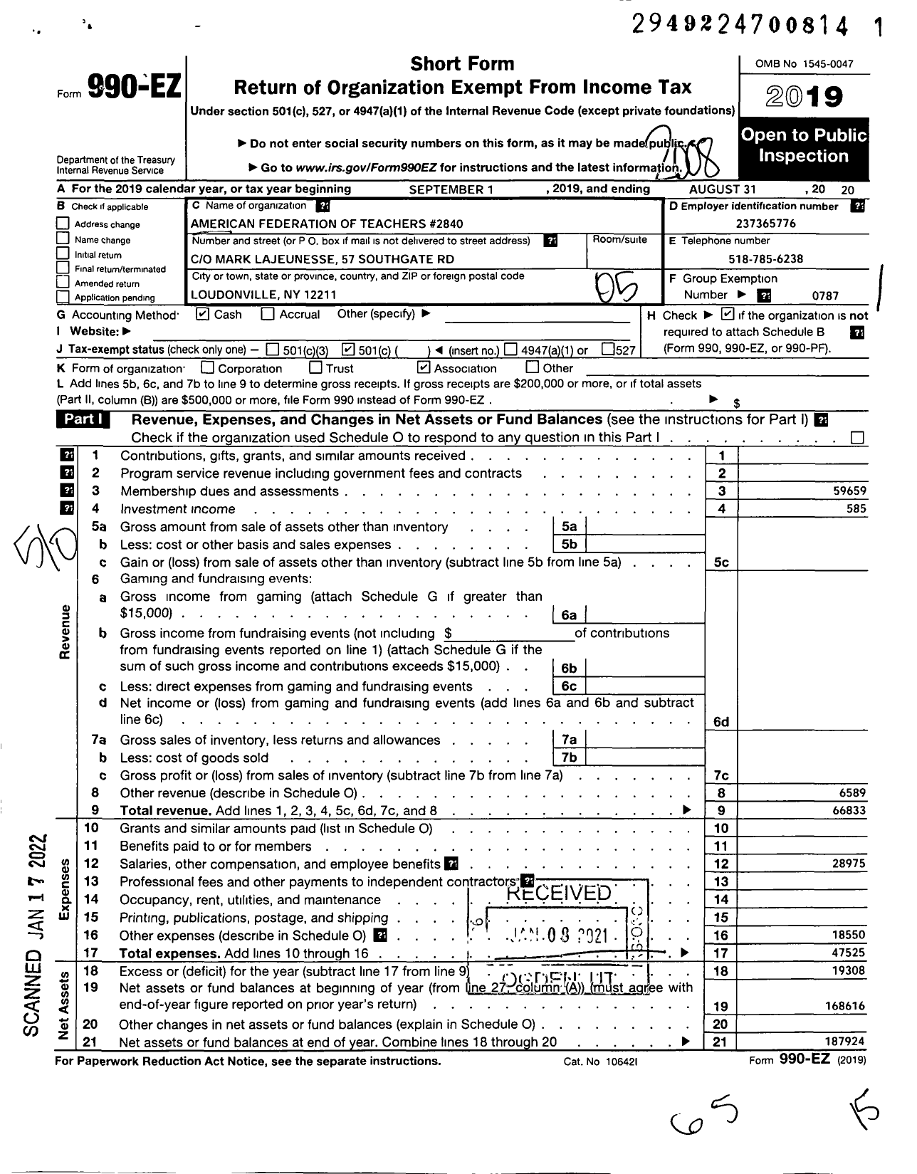 Image of first page of 2019 Form 990EO for AMERICAN FEDERATION OF TEACHERS - 2840 Mohonasen TEACHERS Association