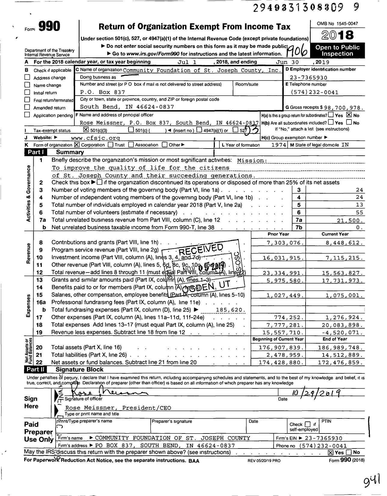 Image of first page of 2018 Form 990 for Community Foundation of St Joseph County