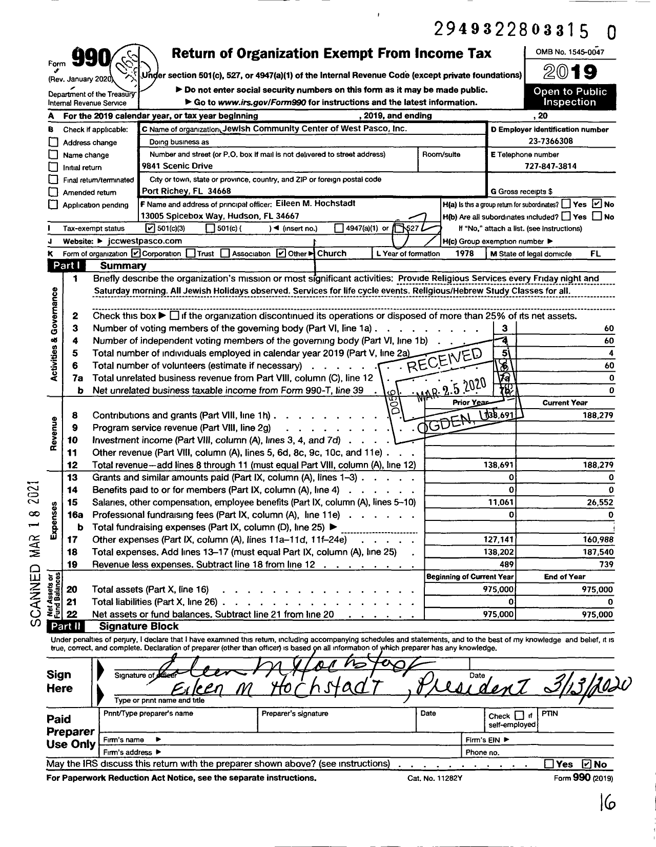 Image of first page of 2019 Form 990 for Jewish Community Center of West Pasco