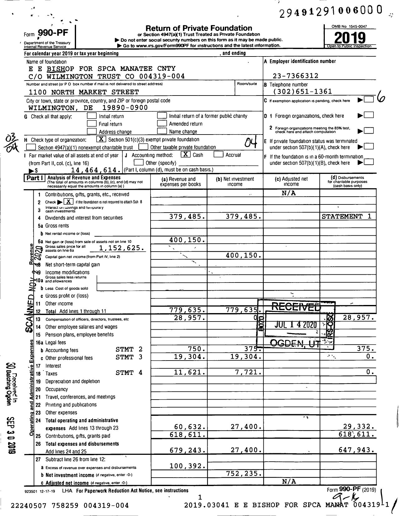 Image of first page of 2019 Form 990PF for E E Bishop for Spca Manatee County 004319-004