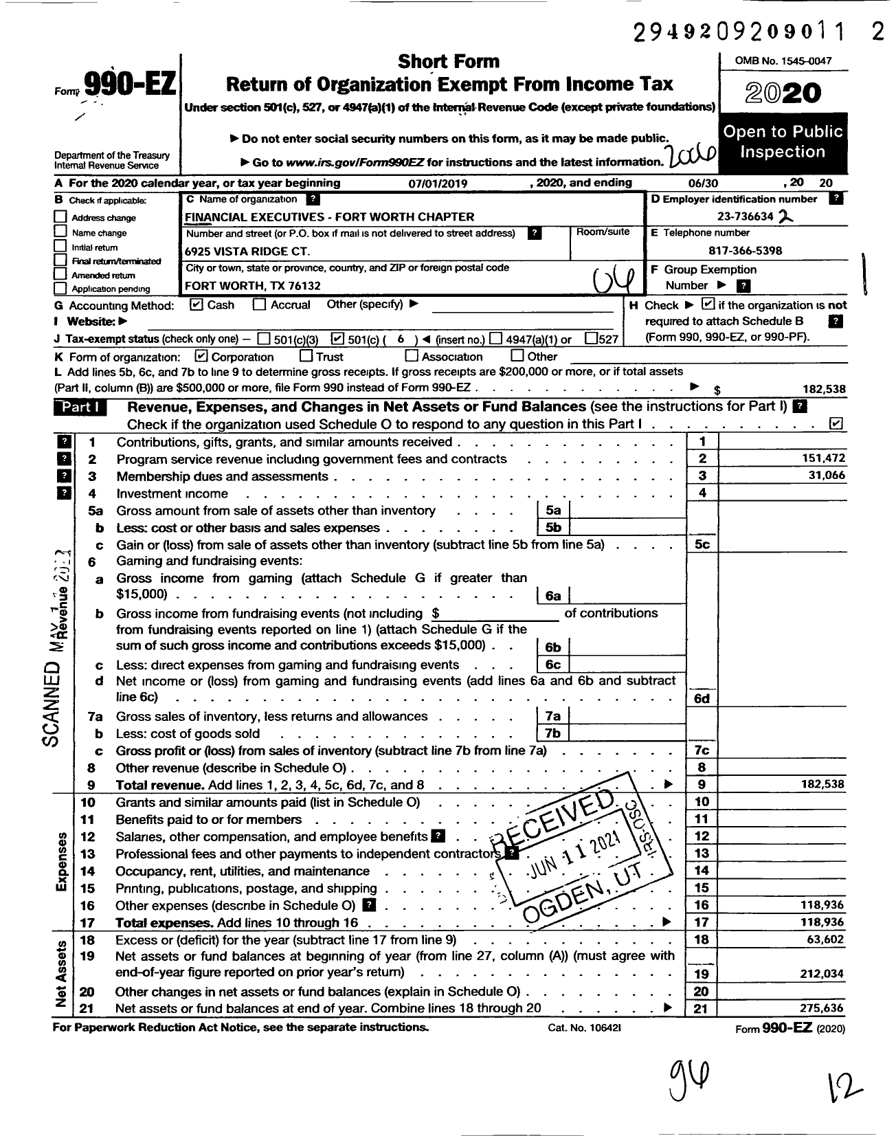 Image of first page of 2019 Form 990EO for Financial Executives - Fort Worth Chapter