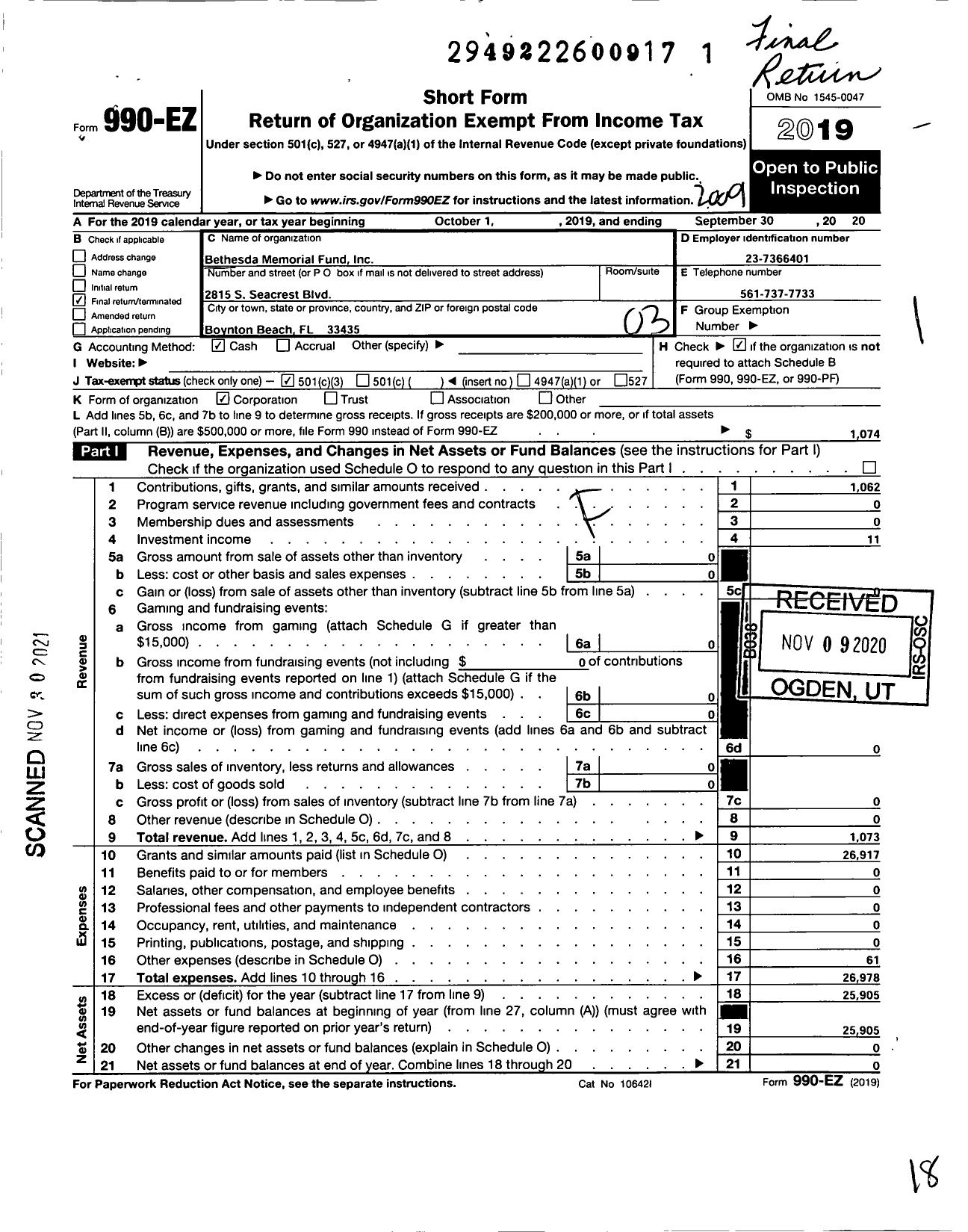 Image of first page of 2019 Form 990EZ for Bethesda Memorial Fund