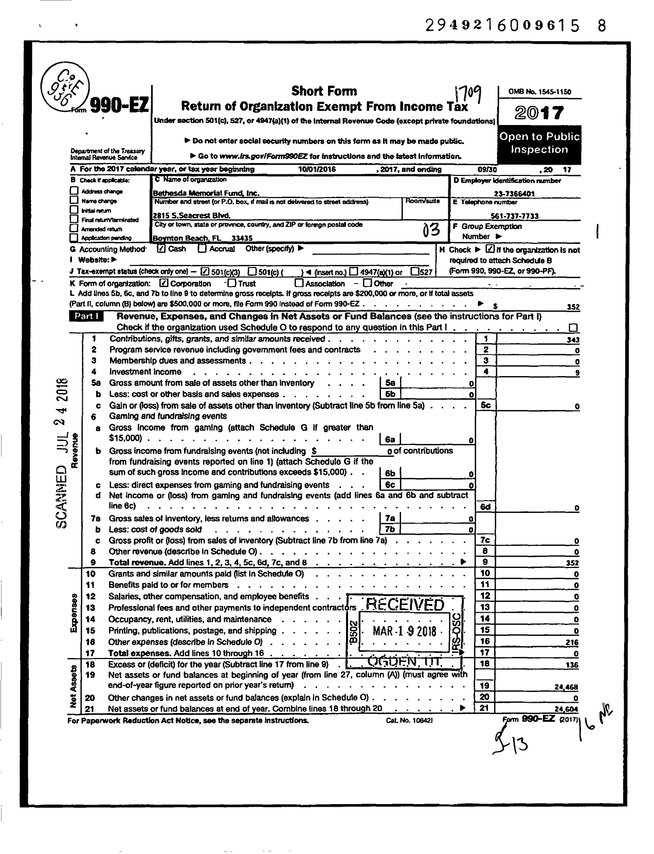 Image of first page of 2016 Form 990EZ for Bethesda Memorial Fund