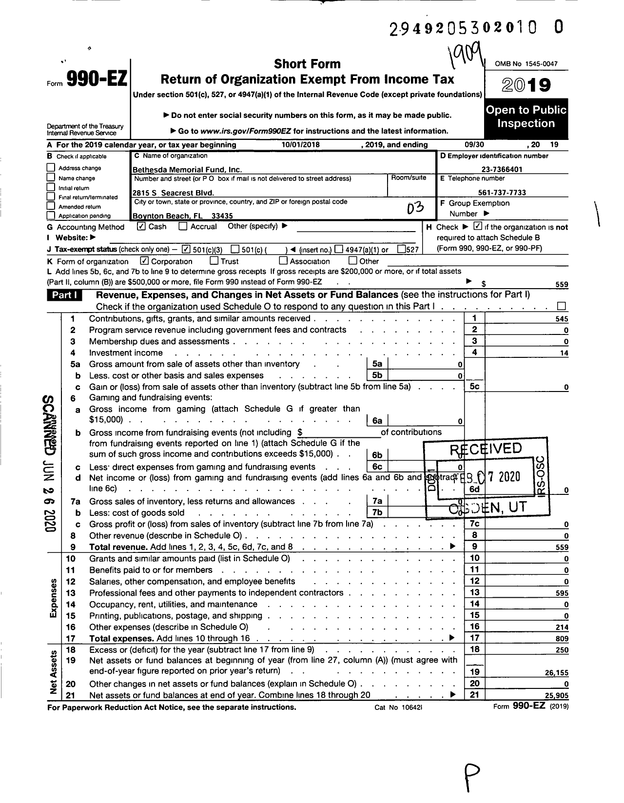 Image of first page of 2018 Form 990EZ for Bethesda Memorial Fund