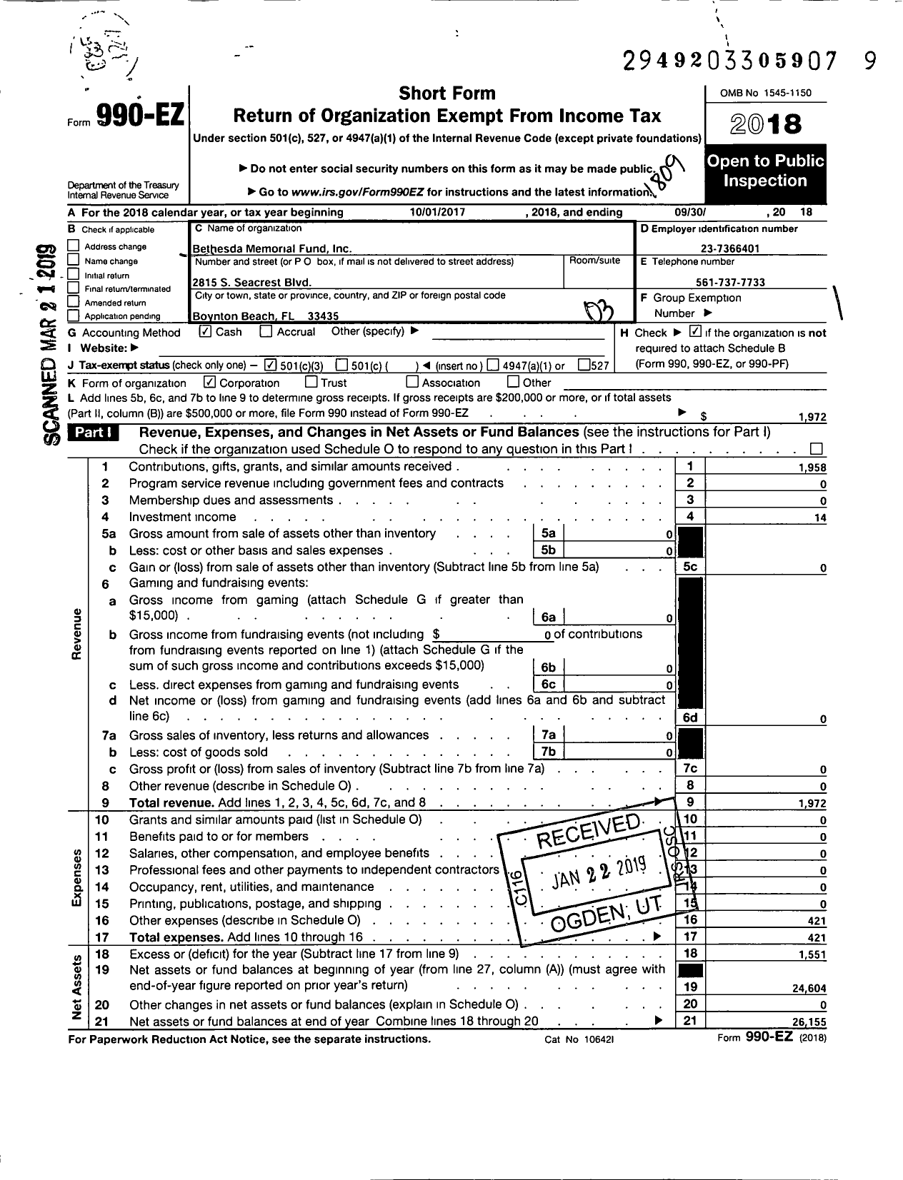 Image of first page of 2017 Form 990EZ for Bethesda Memorial Fund