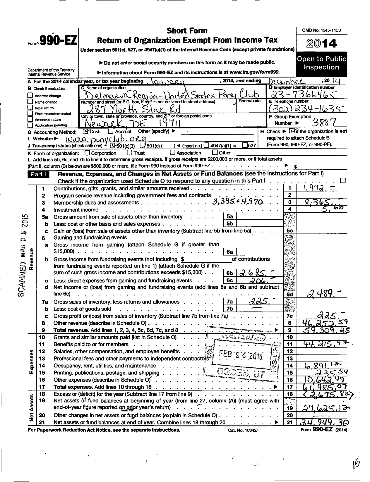 Image of first page of 2014 Form 990EZ for THE UNITED STATES PONY CLUBS INC DelMarVa Region